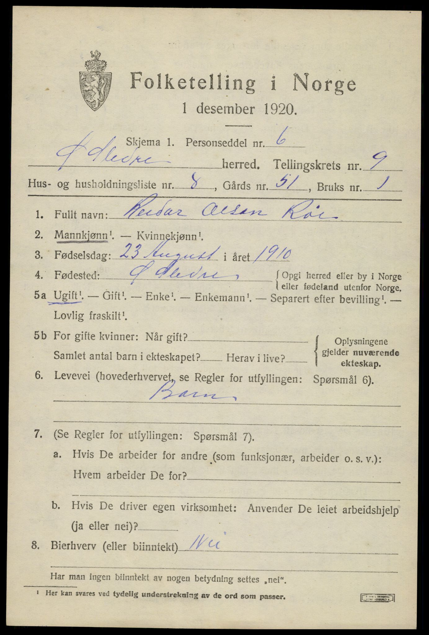 SAH, Folketelling 1920 for 0544 Øystre Slidre herred, 1920, s. 5985