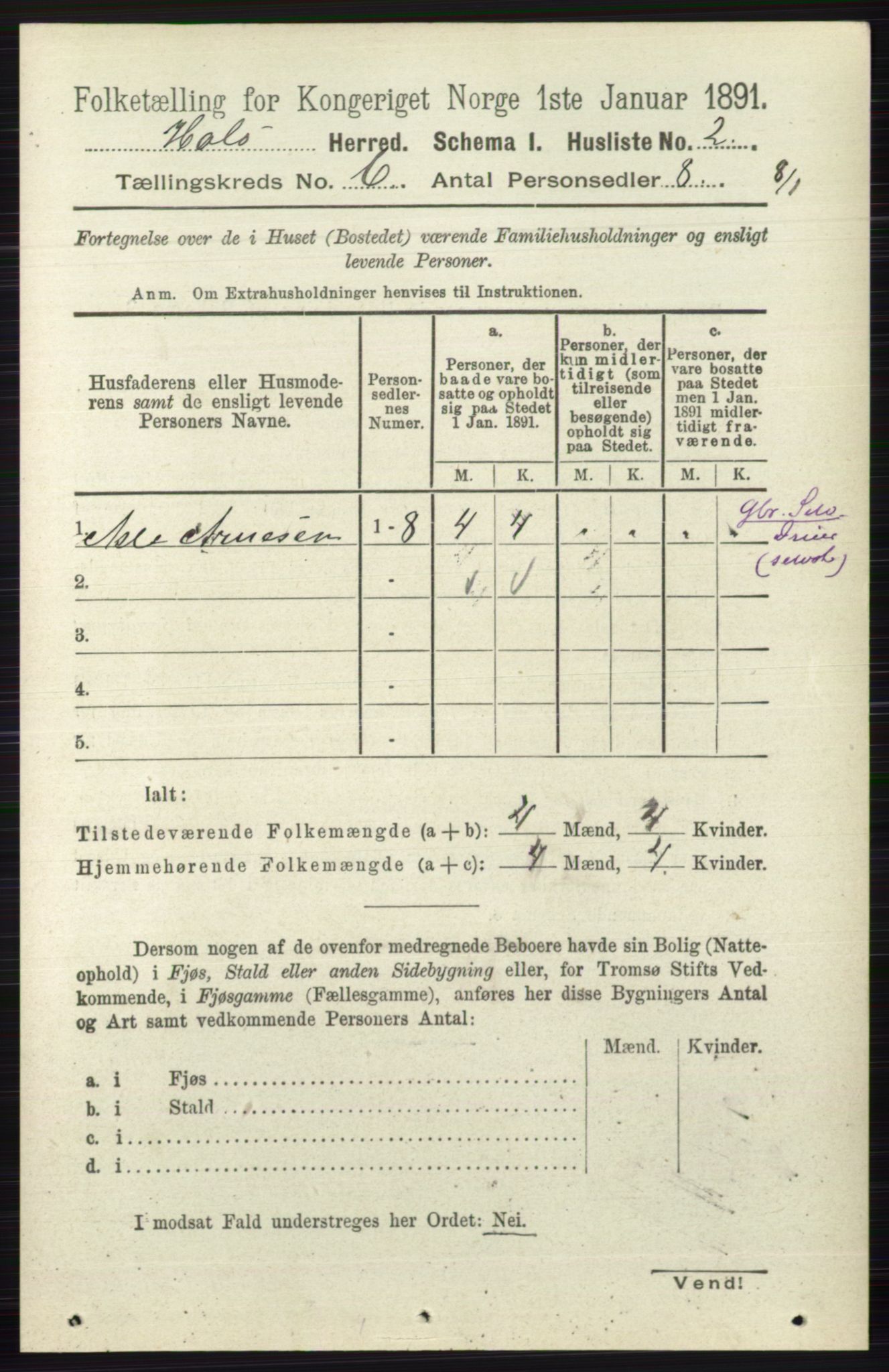 RA, Folketelling 1891 for 0620 Hol herred, 1891, s. 1713