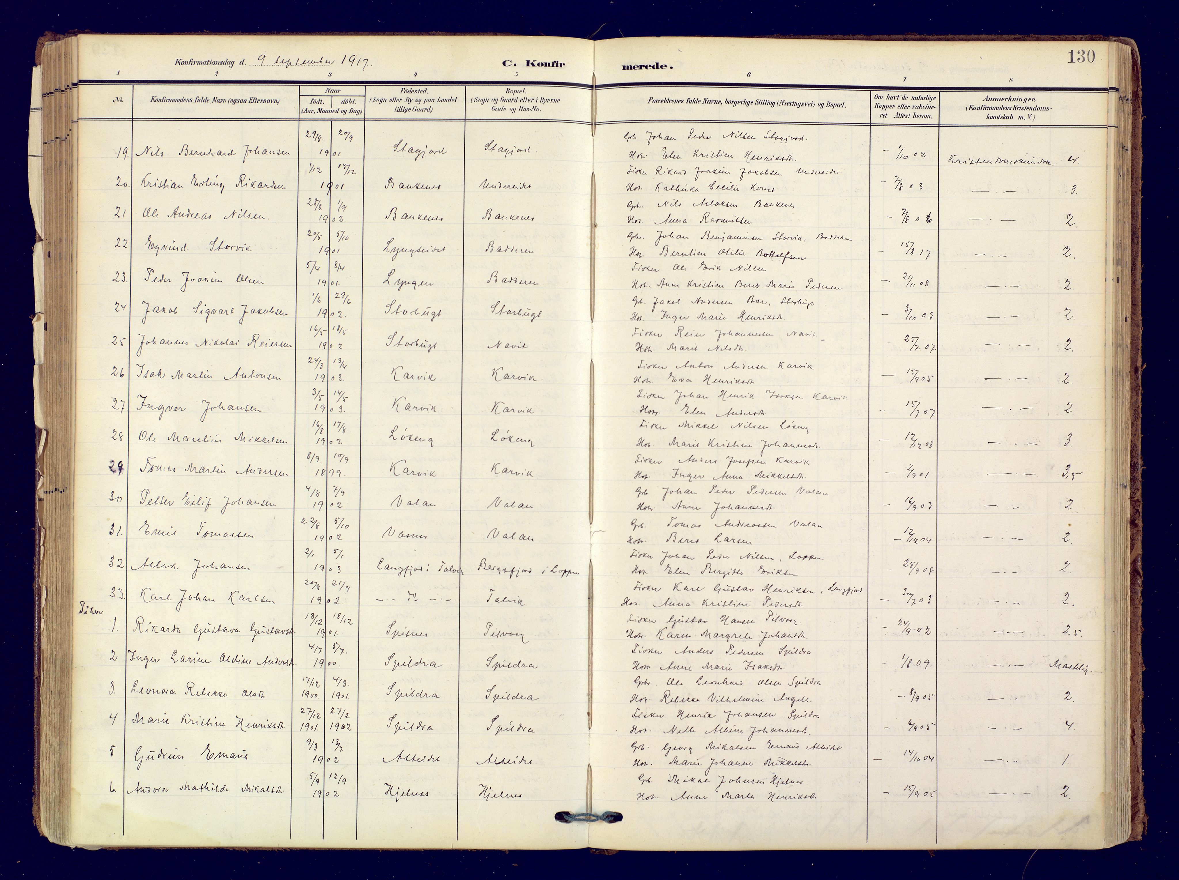 Skjervøy sokneprestkontor, AV/SATØ-S-1300/H/Ha/Haa: Ministerialbok nr. 19, 1908-1936, s. 130