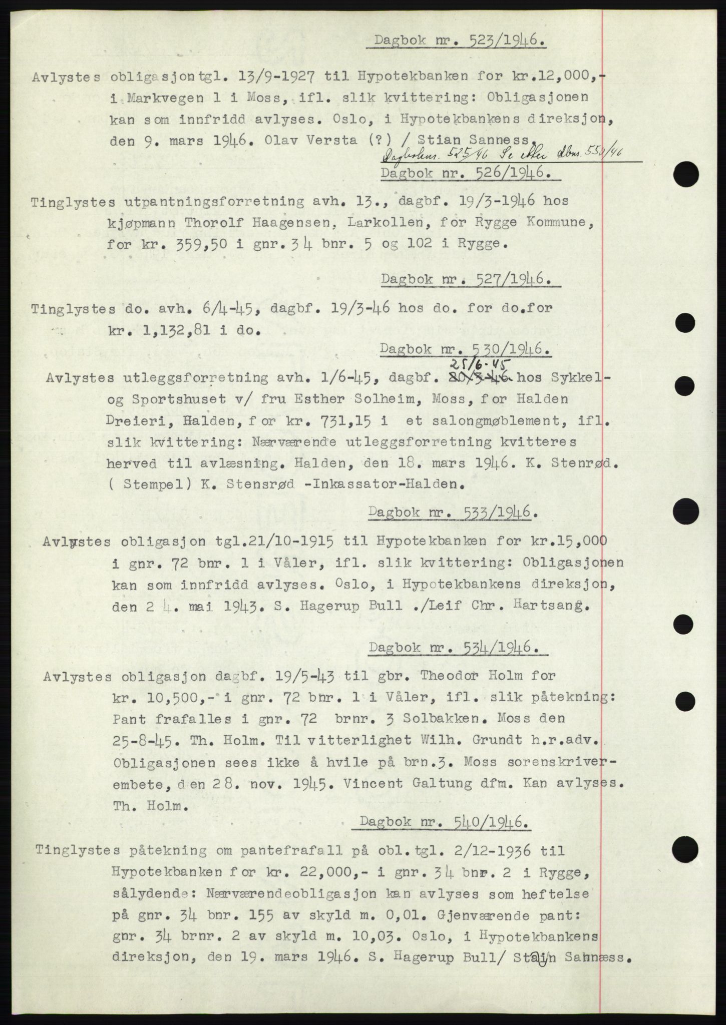 Moss sorenskriveri, SAO/A-10168: Pantebok nr. C10, 1938-1950, Dagboknr: 523/1946