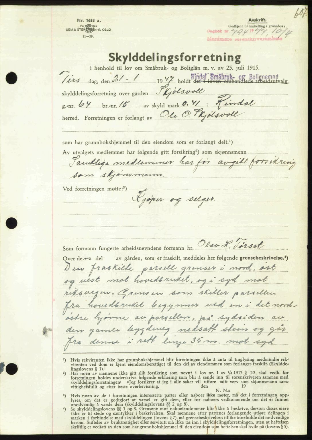 Nordmøre sorenskriveri, SAT/A-4132/1/2/2Ca: Pantebok nr. A104, 1947-1947, Dagboknr: 794/1947