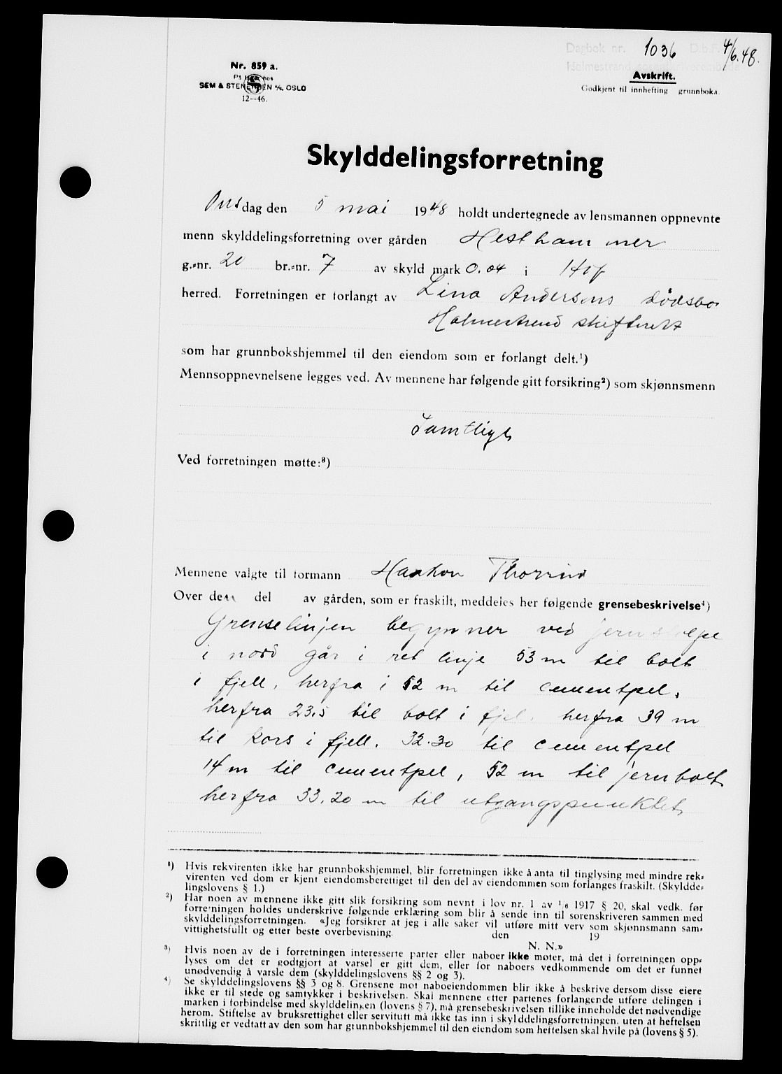 Holmestrand sorenskriveri, SAKO/A-67/G/Ga/Gaa/L0064: Pantebok nr. A-64, 1948-1948, Dagboknr: 1036/1948