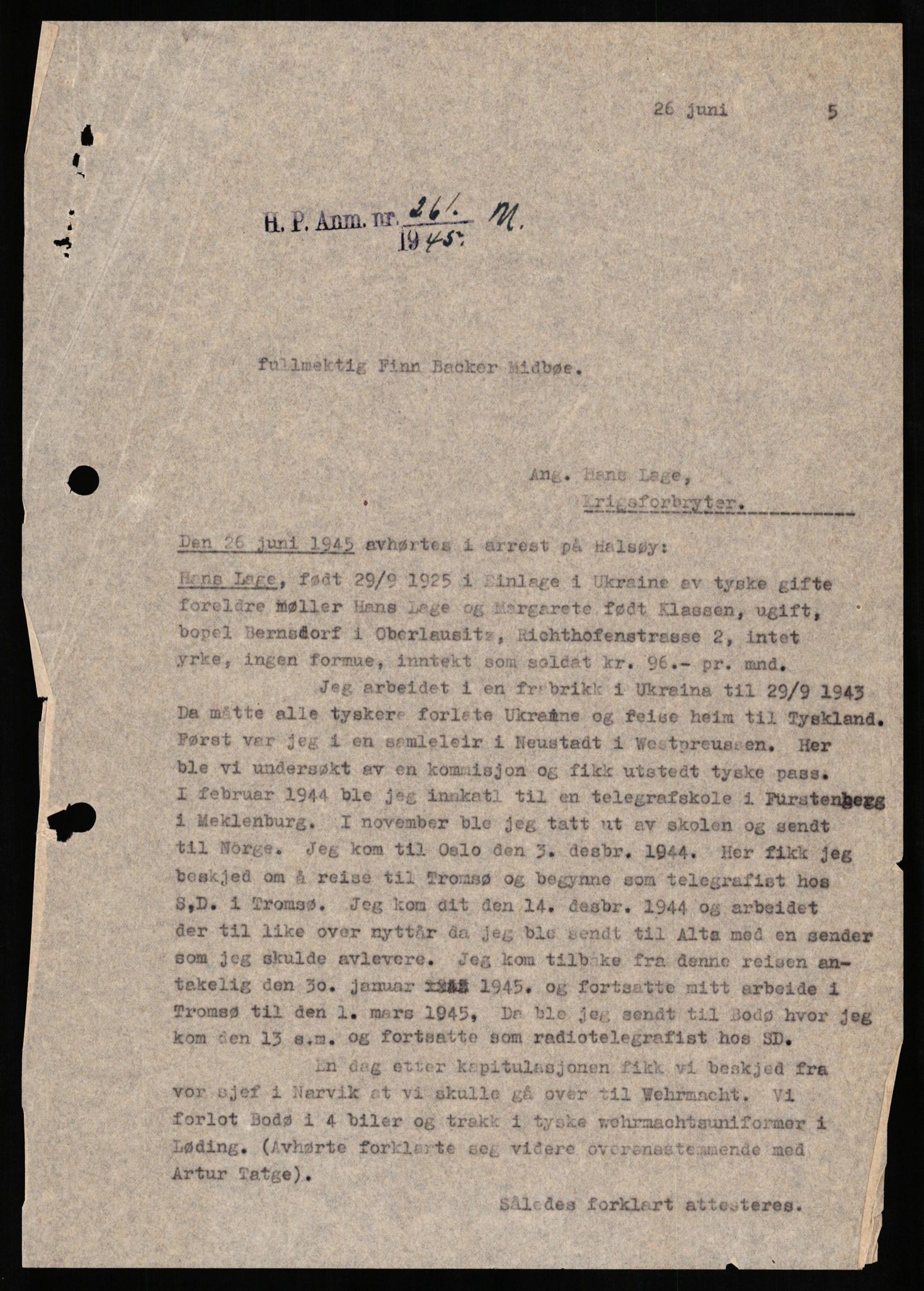 Forsvaret, Forsvarets overkommando II, AV/RA-RAFA-3915/D/Db/L0019: CI Questionaires. Tyske okkupasjonsstyrker i Norge. Tyskere., 1945-1946, s. 338