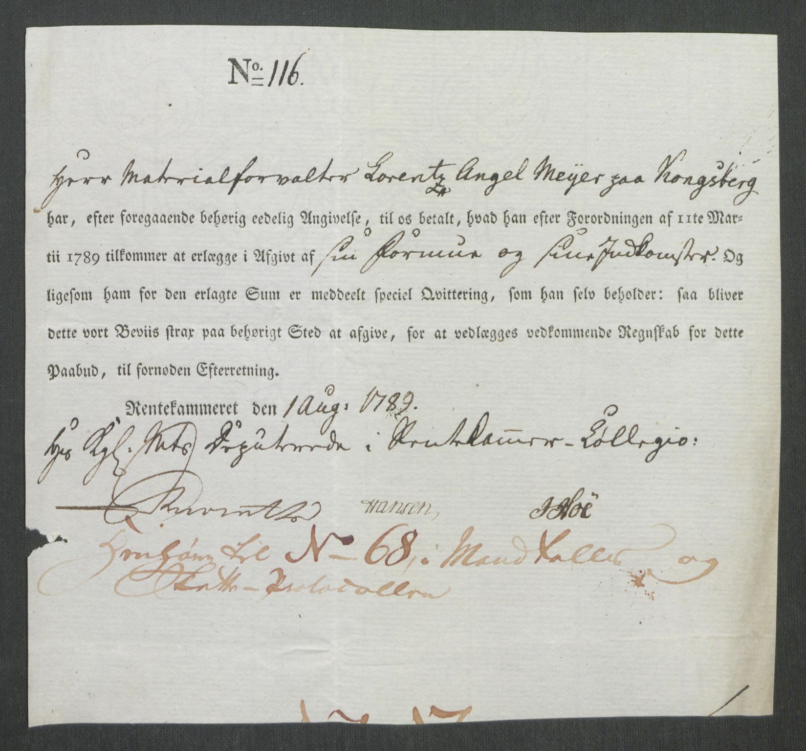 Rentekammeret inntil 1814, Reviderte regnskaper, Mindre regnskaper, AV/RA-EA-4068/Rf/Rfe/L0019: Jæren og Dalane fogderi, Kongsberg, 1789, s. 240