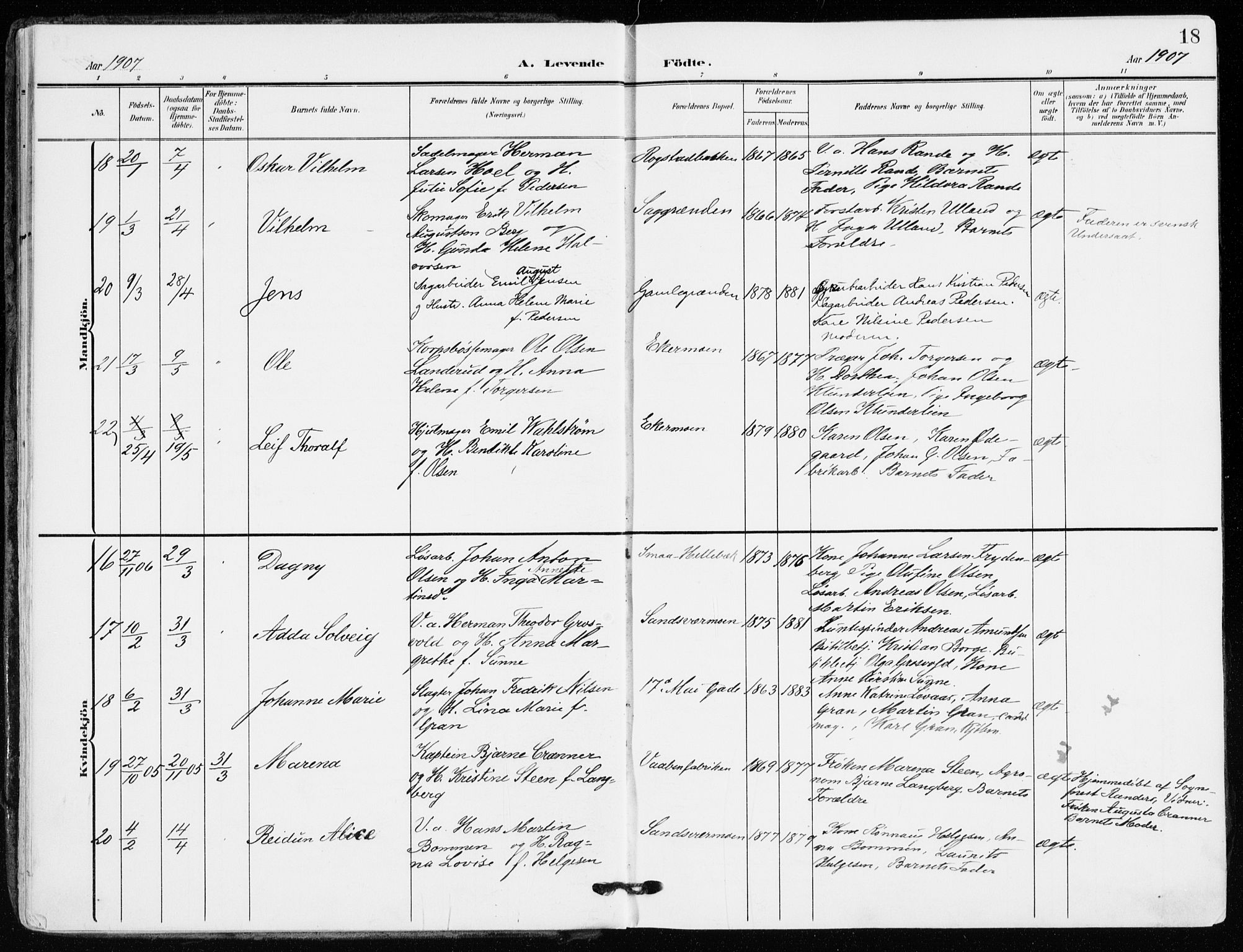 Kongsberg kirkebøker, AV/SAKO-A-22/F/Fb/L0004: Ministerialbok nr. II 4, 1906-1918, s. 18