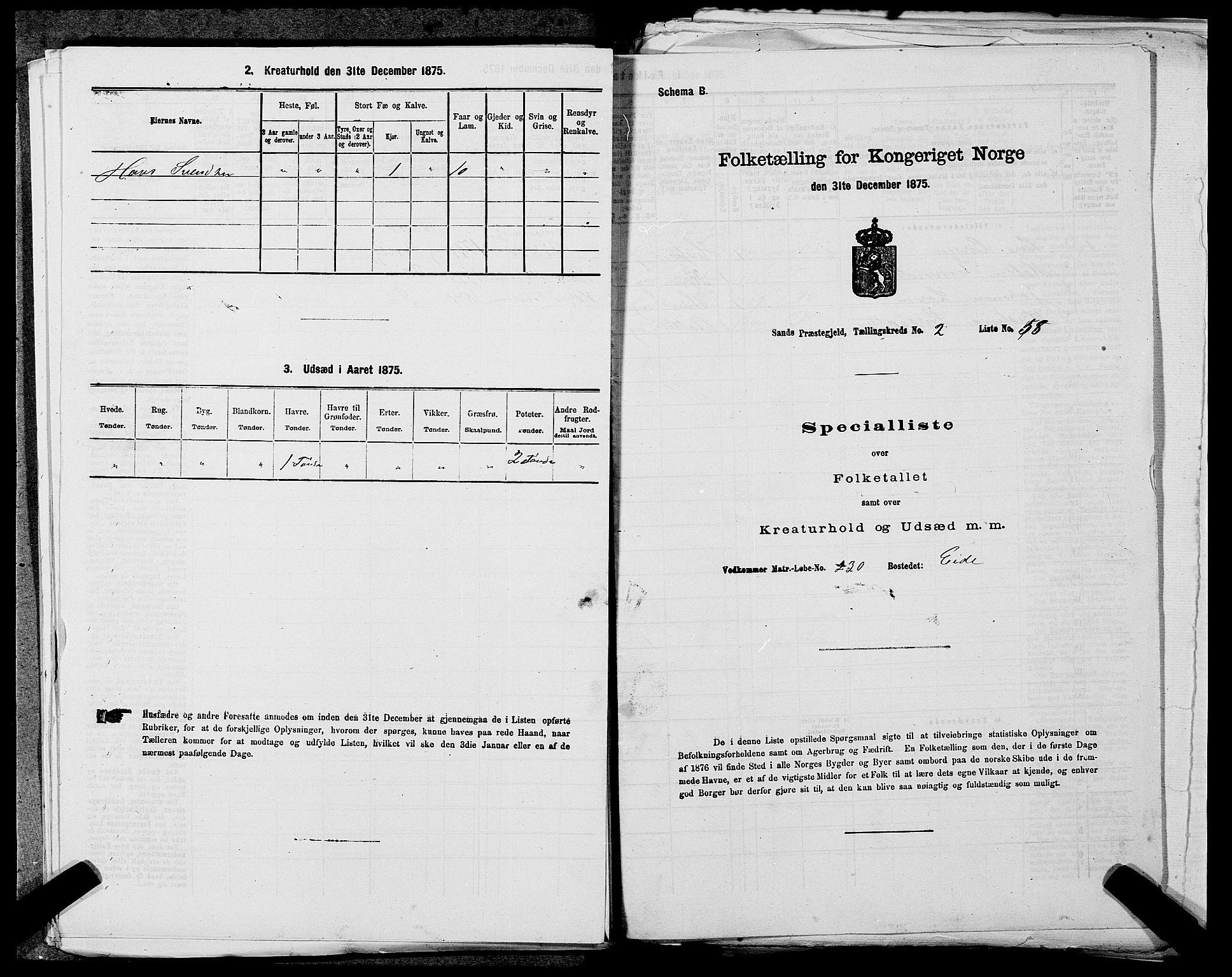 SAST, Folketelling 1875 for 1136P Sand prestegjeld, 1875, s. 259