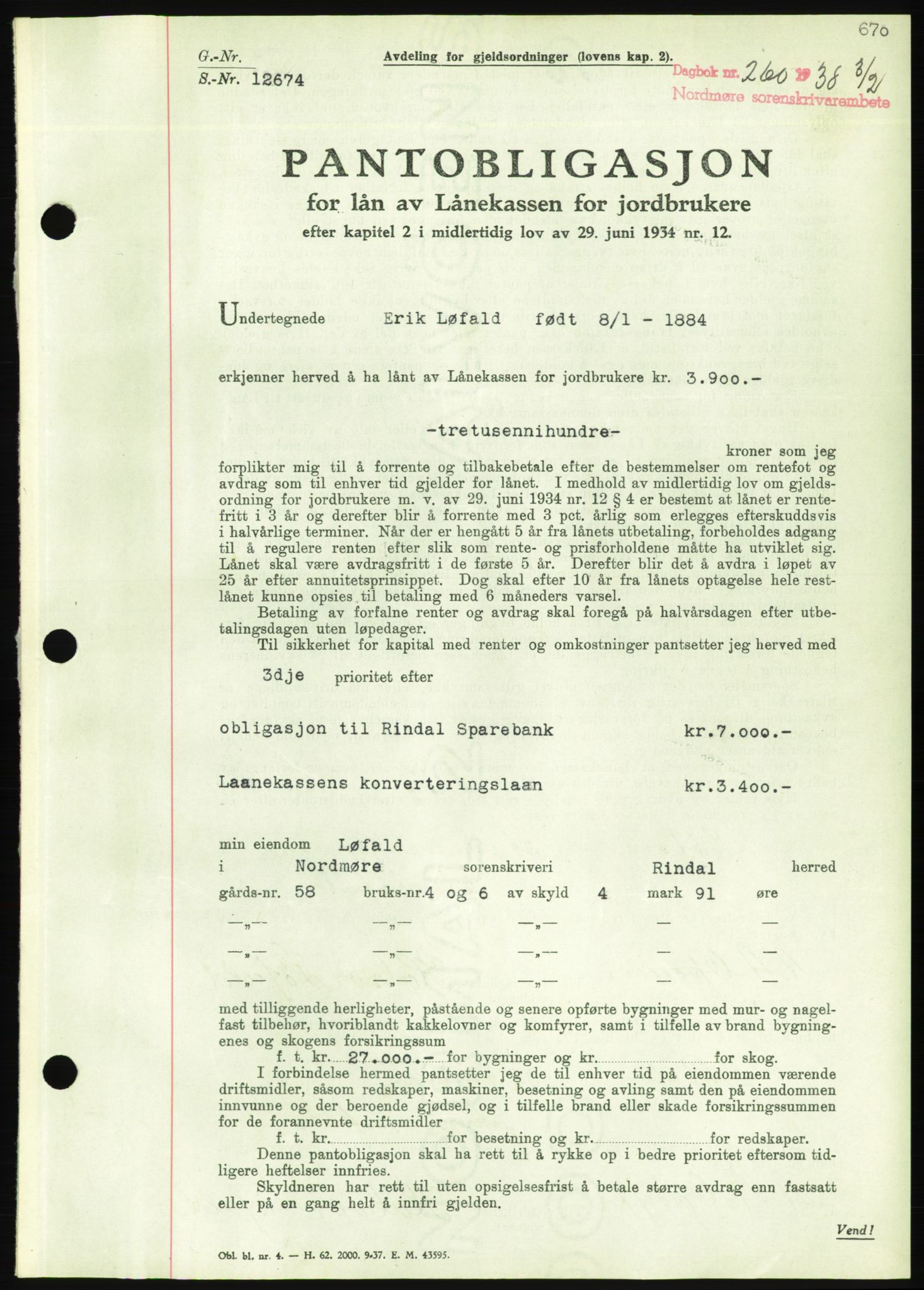 Nordmøre sorenskriveri, AV/SAT-A-4132/1/2/2Ca/L0092: Pantebok nr. B82, 1937-1938, Dagboknr: 260/1938