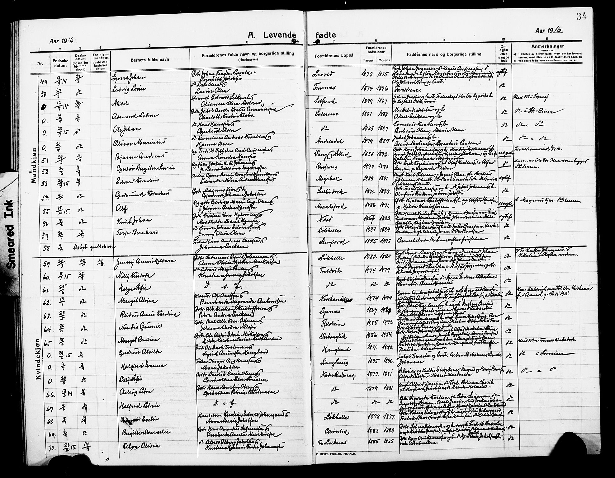 Lenvik sokneprestembete, AV/SATØ-S-1310/H/Ha/Hab/L0009klokker: Klokkerbok nr. 9, 1912-1926, s. 34