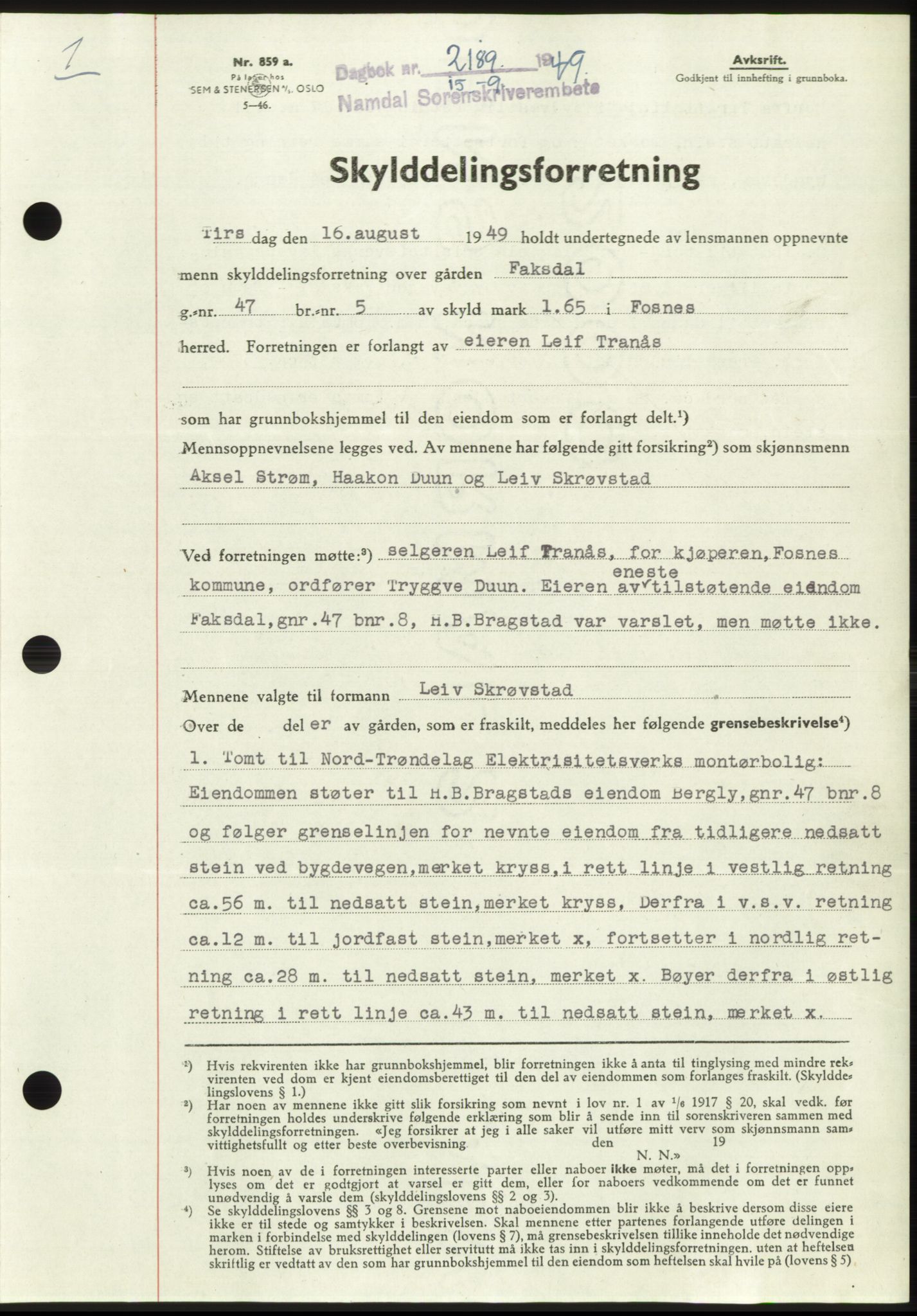 Namdal sorenskriveri, SAT/A-4133/1/2/2C: Pantebok nr. -, 1949-1949, Dagboknr: 2189/1949