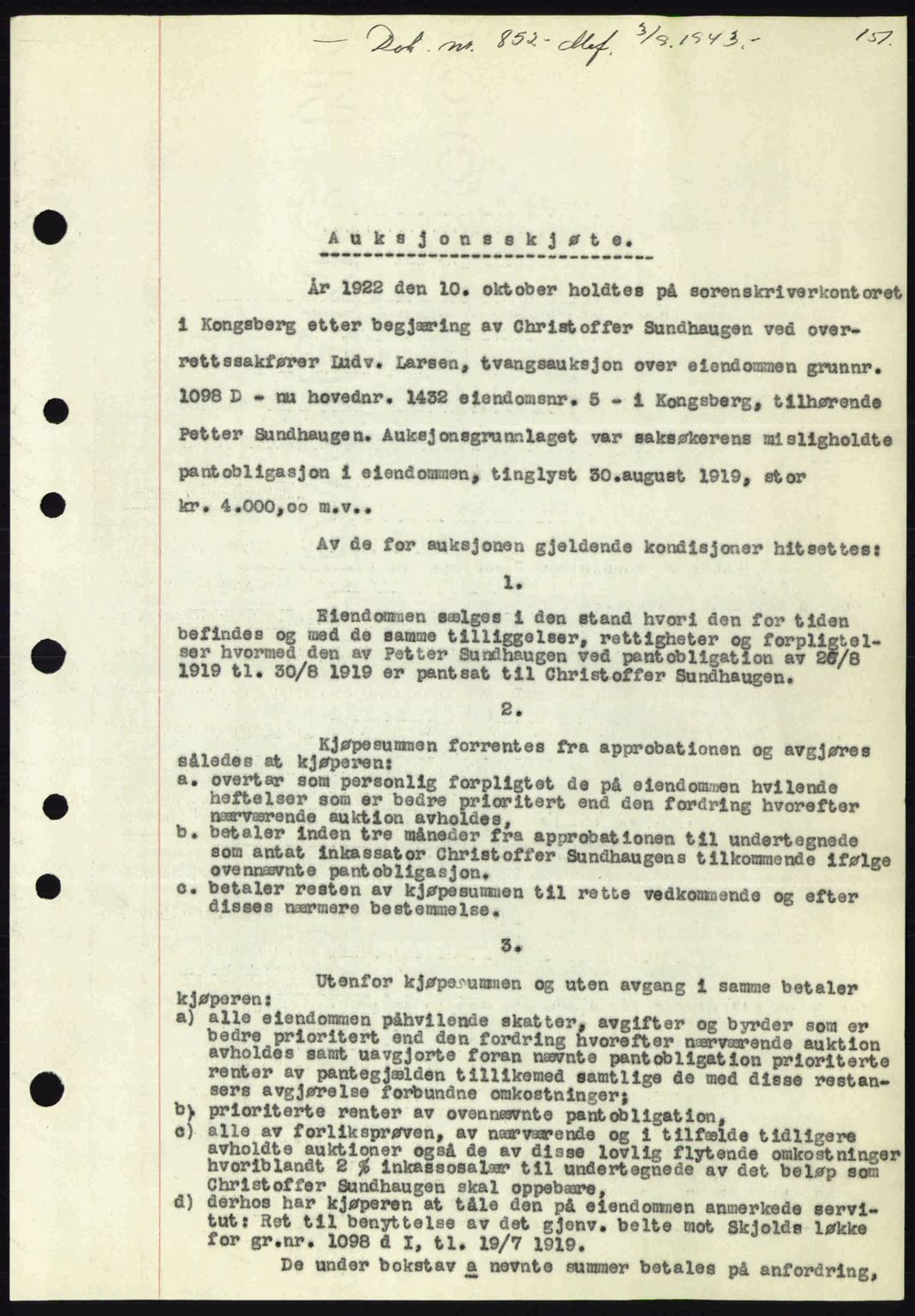 Numedal og Sandsvær sorenskriveri, SAKO/A-128/G/Ga/Gaa/L0055: Pantebok nr. A7, 1943-1944, Dagboknr: 852/1943