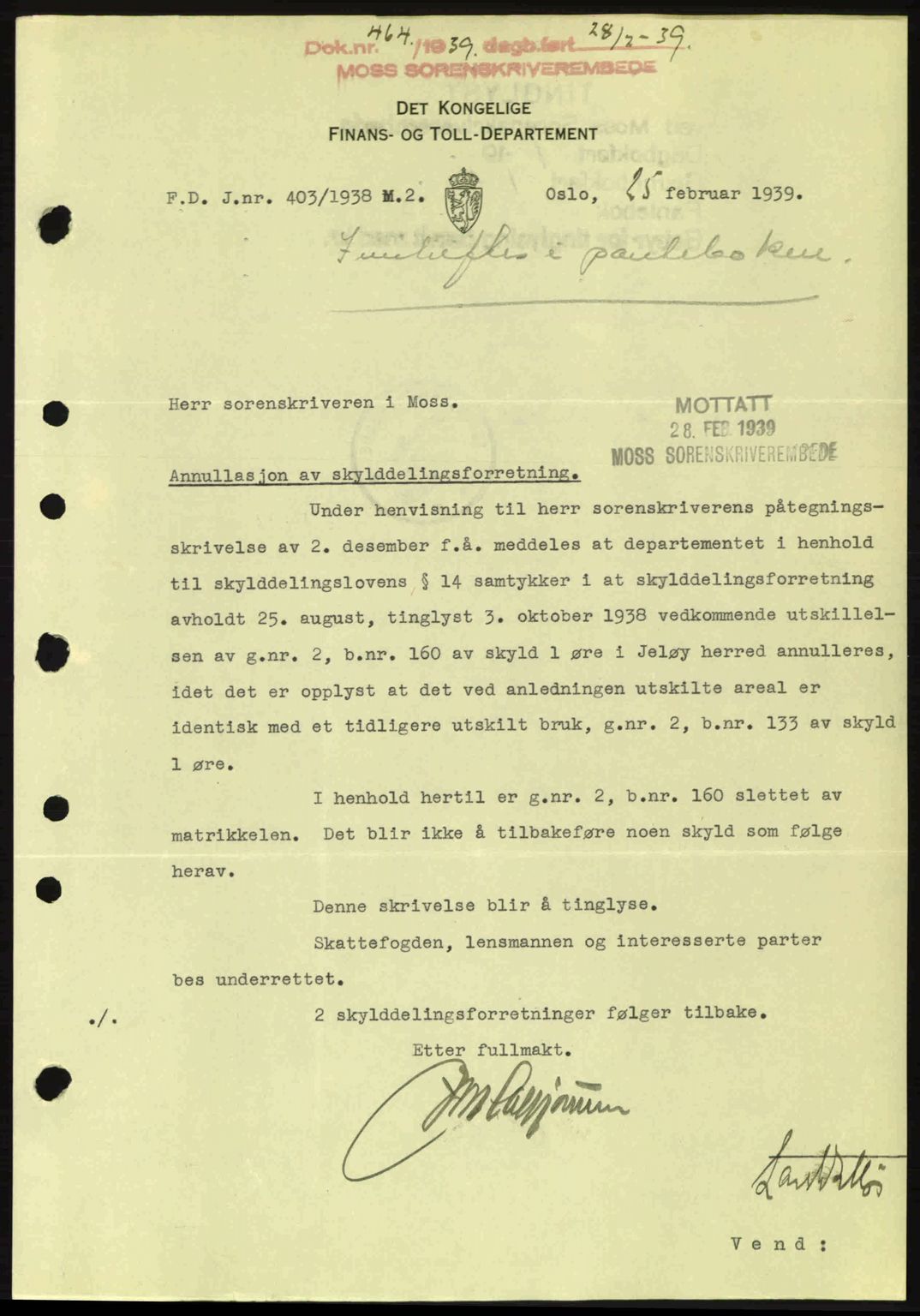 Moss sorenskriveri, SAO/A-10168: Pantebok nr. A5, 1938-1939, Dagboknr: 464/1939