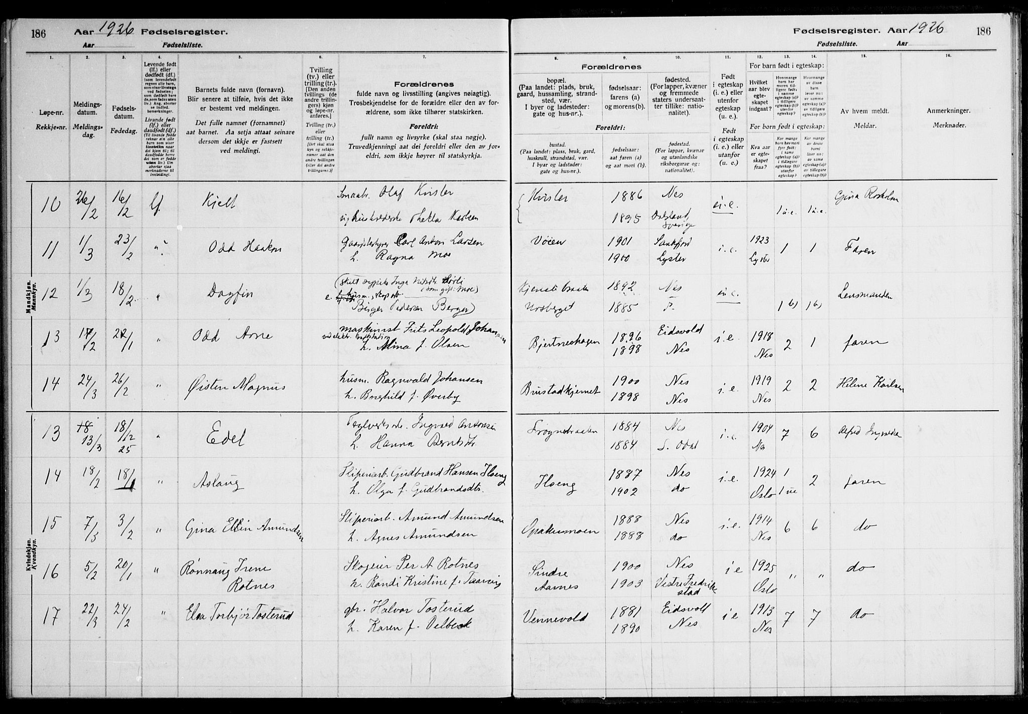 Nes prestekontor Kirkebøker, AV/SAO-A-10410/J/Ja/L0001: Fødselsregister nr. 1, 1916-1926, s. 186