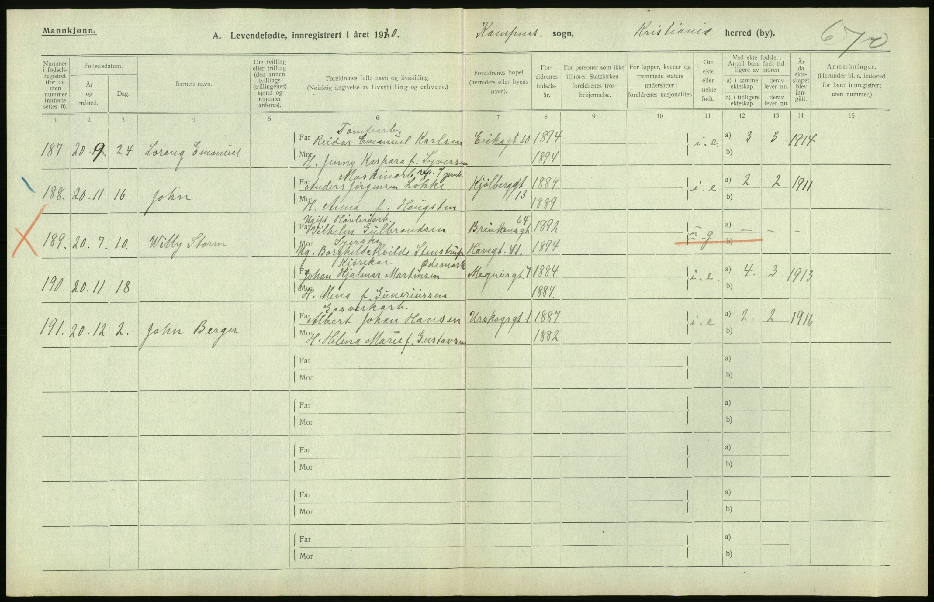 Statistisk sentralbyrå, Sosiodemografiske emner, Befolkning, RA/S-2228/D/Df/Dfb/Dfbj/L0008: Kristiania: Levendefødte menn og kvinner., 1920, s. 230