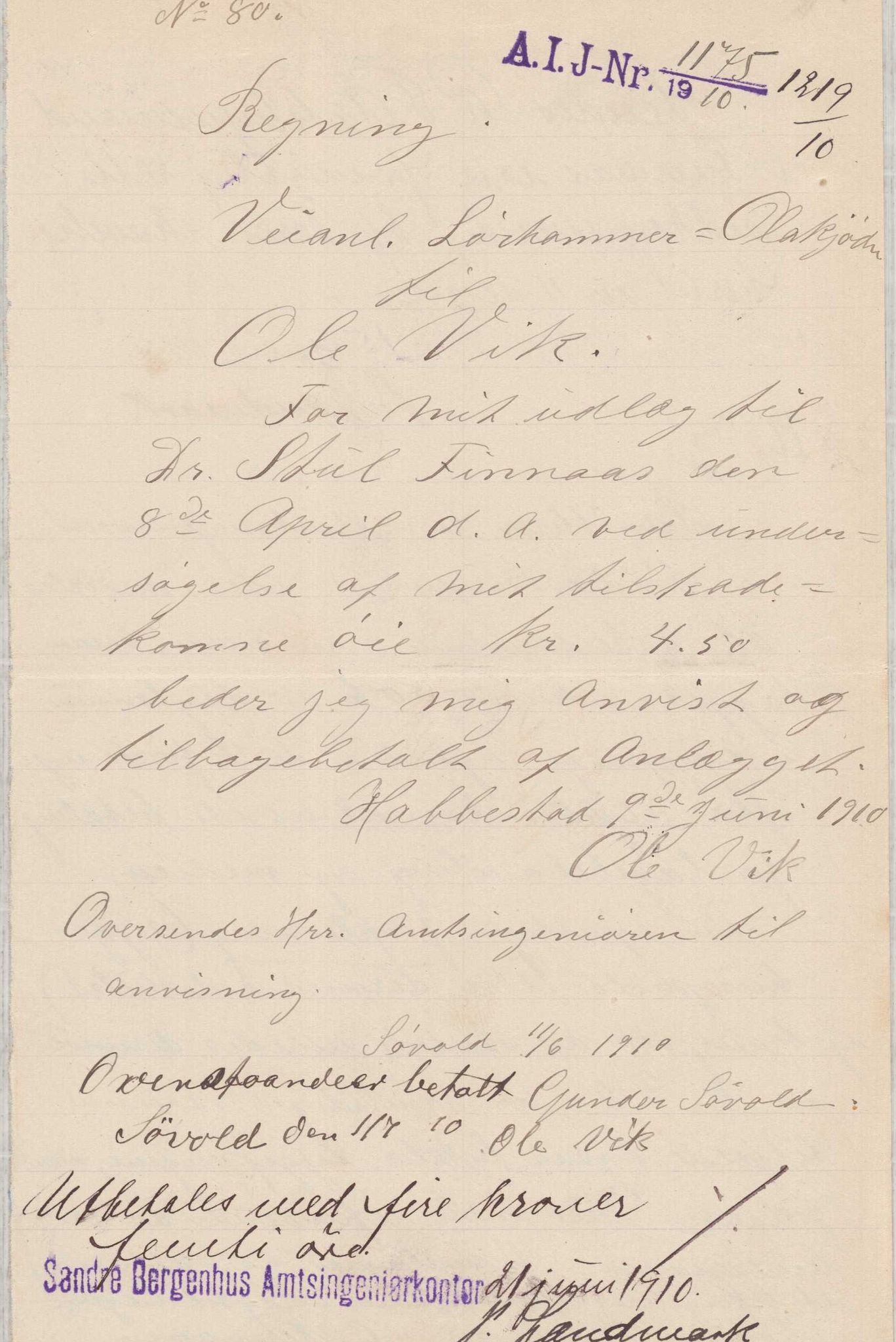 Finnaas kommune. Formannskapet, IKAH/1218a-021/E/Ea/L0001/0003: Rekneskap for veganlegg / Rekneskap for veganlegget Laurhammer - Olakjødn, 1909-1911, s. 39