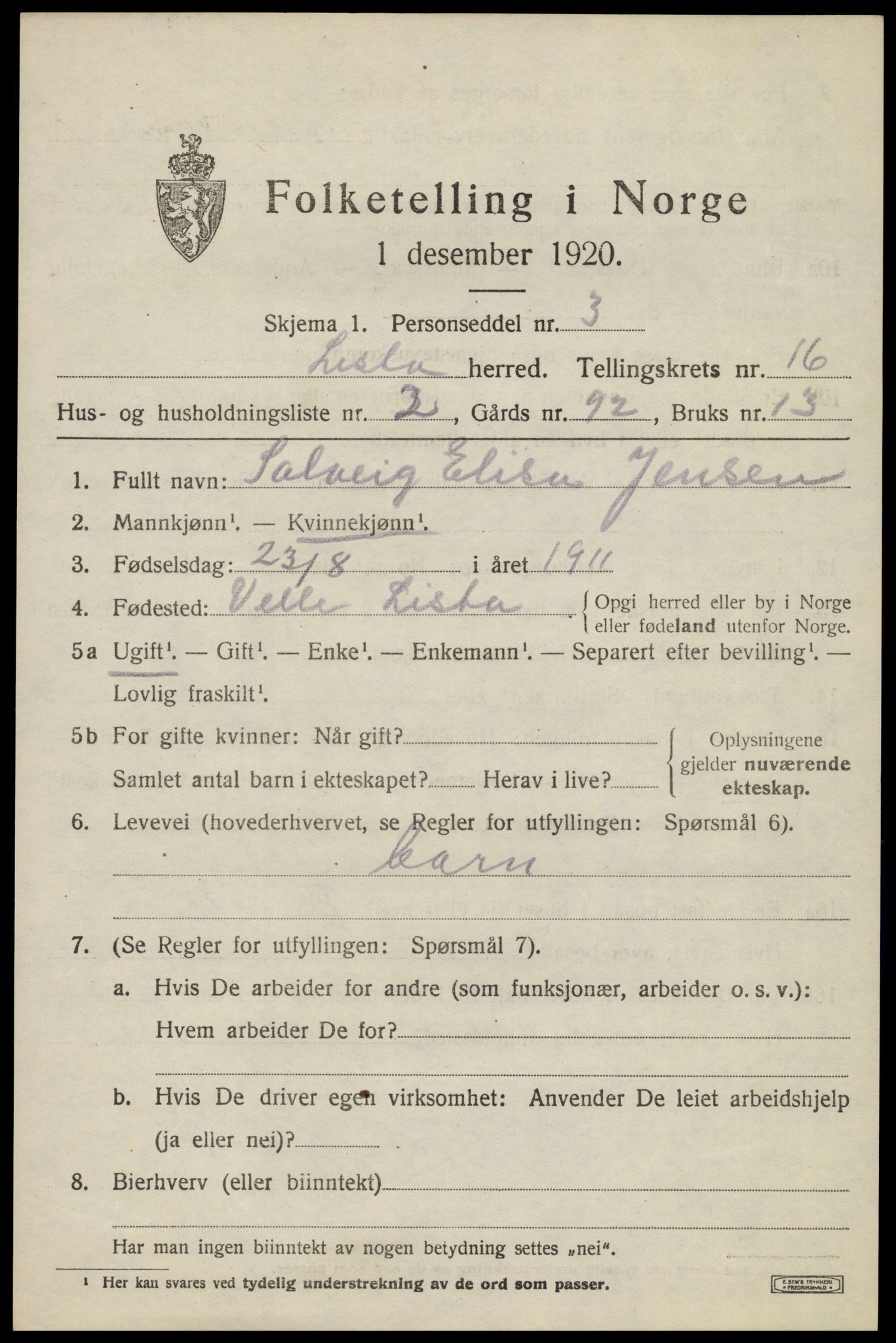 SAK, Folketelling 1920 for 1041 Lista herred, 1920, s. 12945