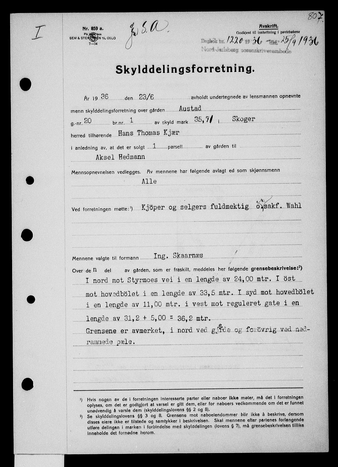 Holmestrand sorenskriveri, SAKO/A-67/G/Ga/Gaa/L0047: Pantebok nr. A-47, 1936-1936, Dagboknr: 1220/1936