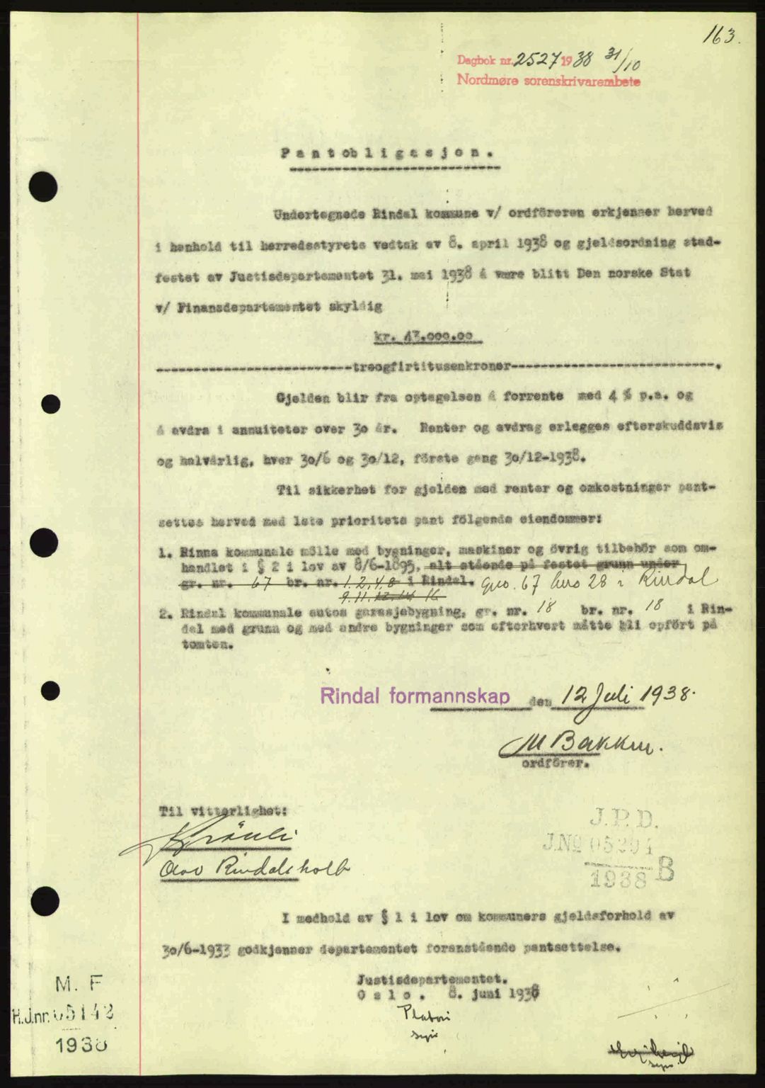 Nordmøre sorenskriveri, SAT/A-4132/1/2/2Ca: Pantebok nr. B84, 1938-1939, Dagboknr: 2527/1938