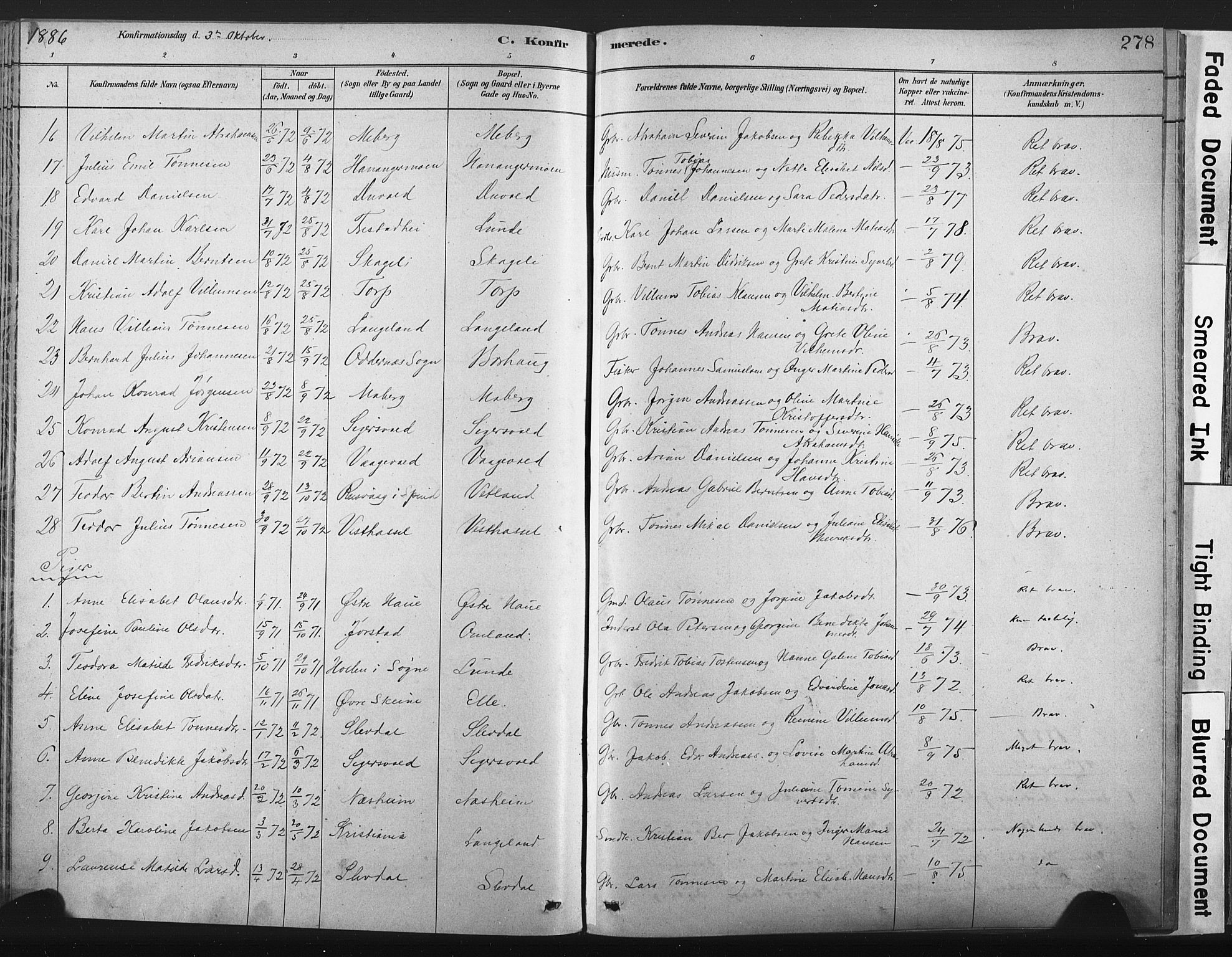 Lista sokneprestkontor, SAK/1111-0027/F/Fa/L0012: Ministerialbok nr. A 12, 1879-1903, s. 278