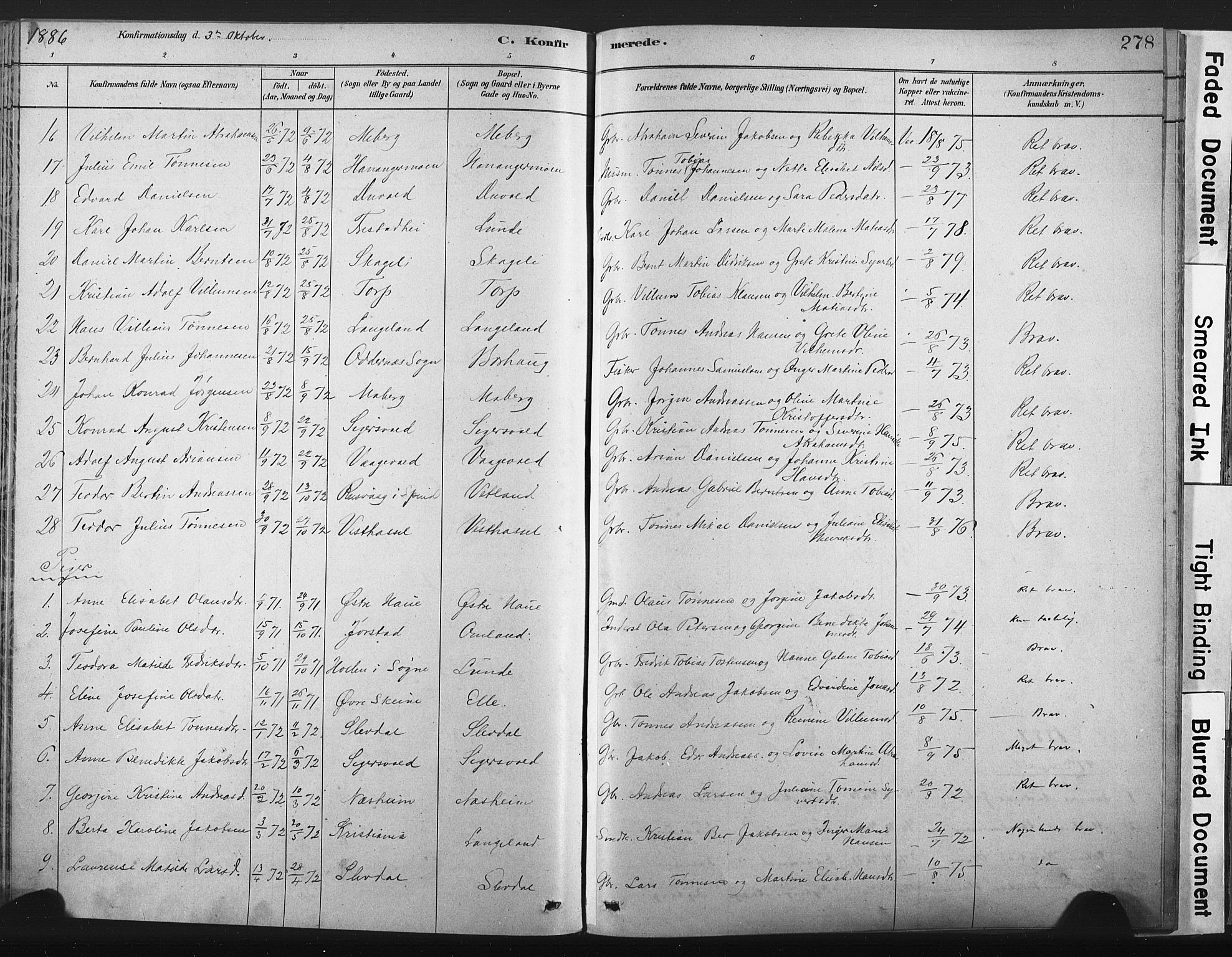 Lista sokneprestkontor, AV/SAK-1111-0027/F/Fa/L0012: Ministerialbok nr. A 12, 1879-1903, s. 278