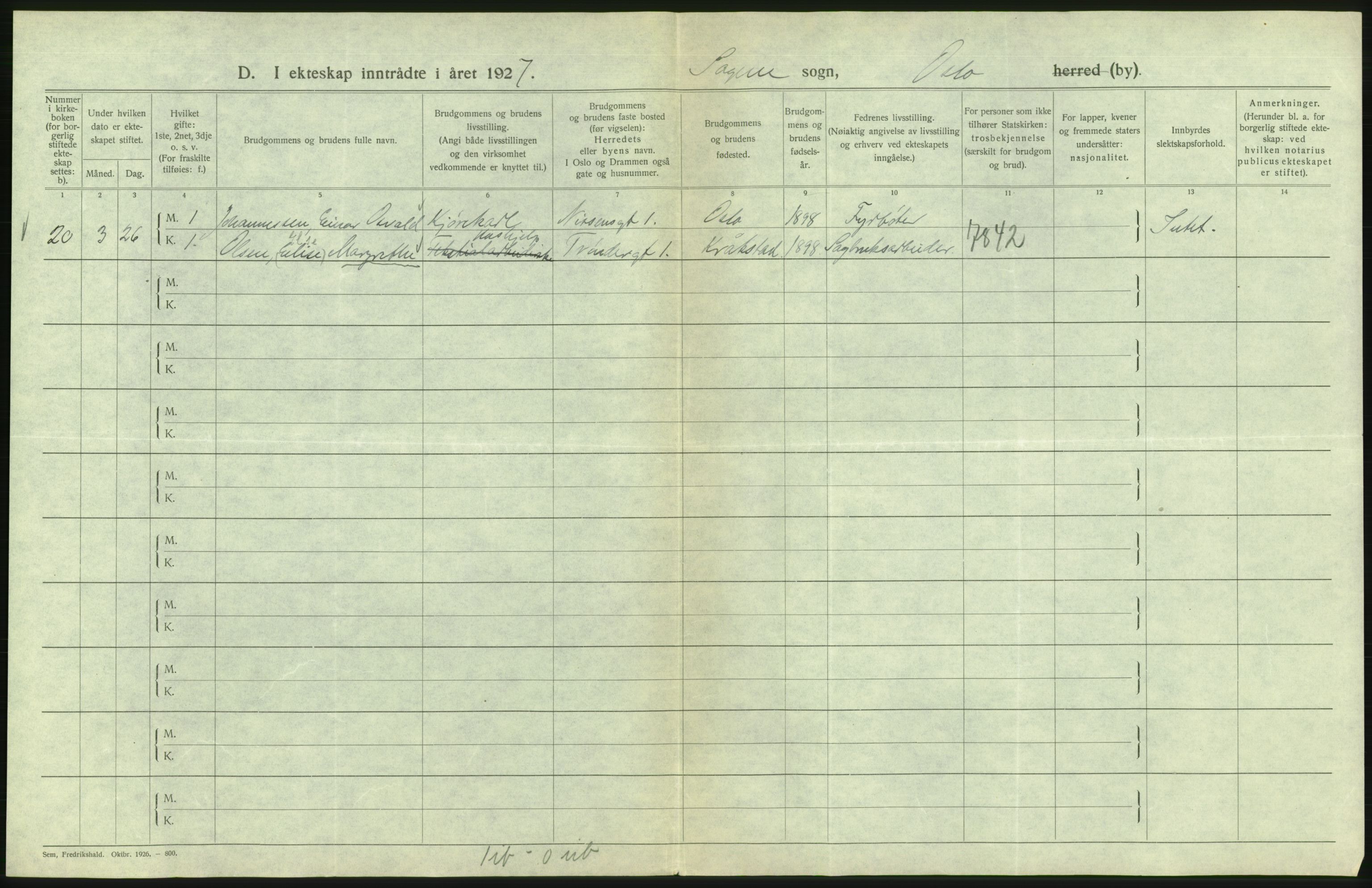 Statistisk sentralbyrå, Sosiodemografiske emner, Befolkning, AV/RA-S-2228/D/Df/Dfc/Dfcg/L0008: Oslo: Gifte, 1927, s. 344