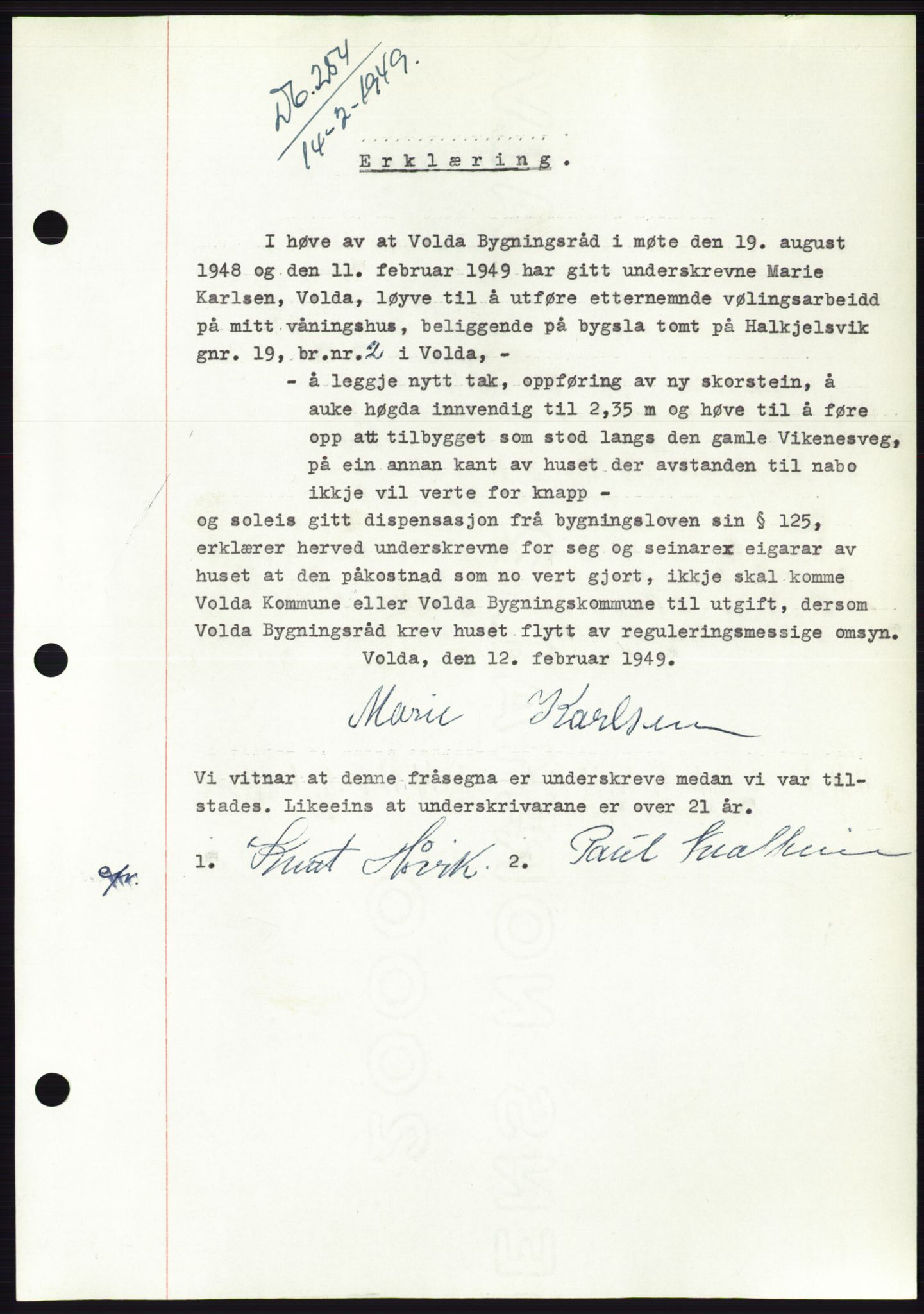 Søre Sunnmøre sorenskriveri, SAT/A-4122/1/2/2C/L0116: Pantebok nr. 4B, 1948-1949, Dagboknr: 254/1949