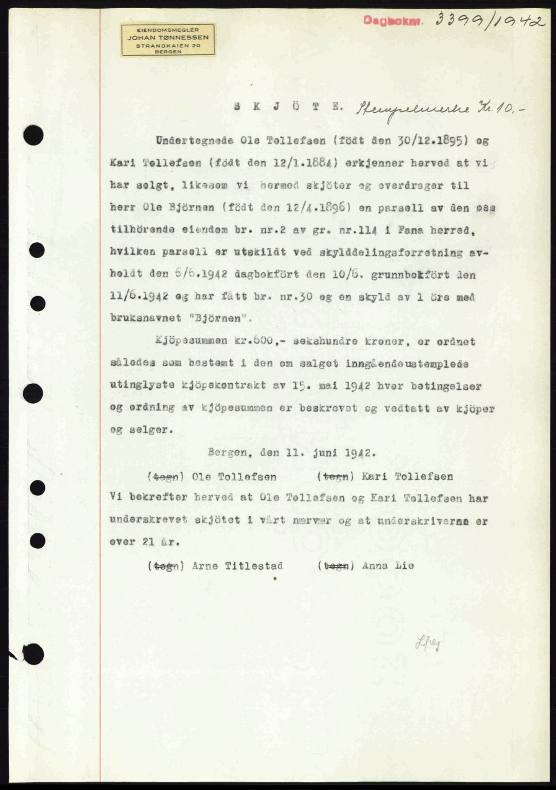 Midhordland sorenskriveri, SAB/A-3001/1/G/Gb/Gbj/L0014: Pantebok nr. A26-28, 1942-1942, Dagboknr: 3399/1942