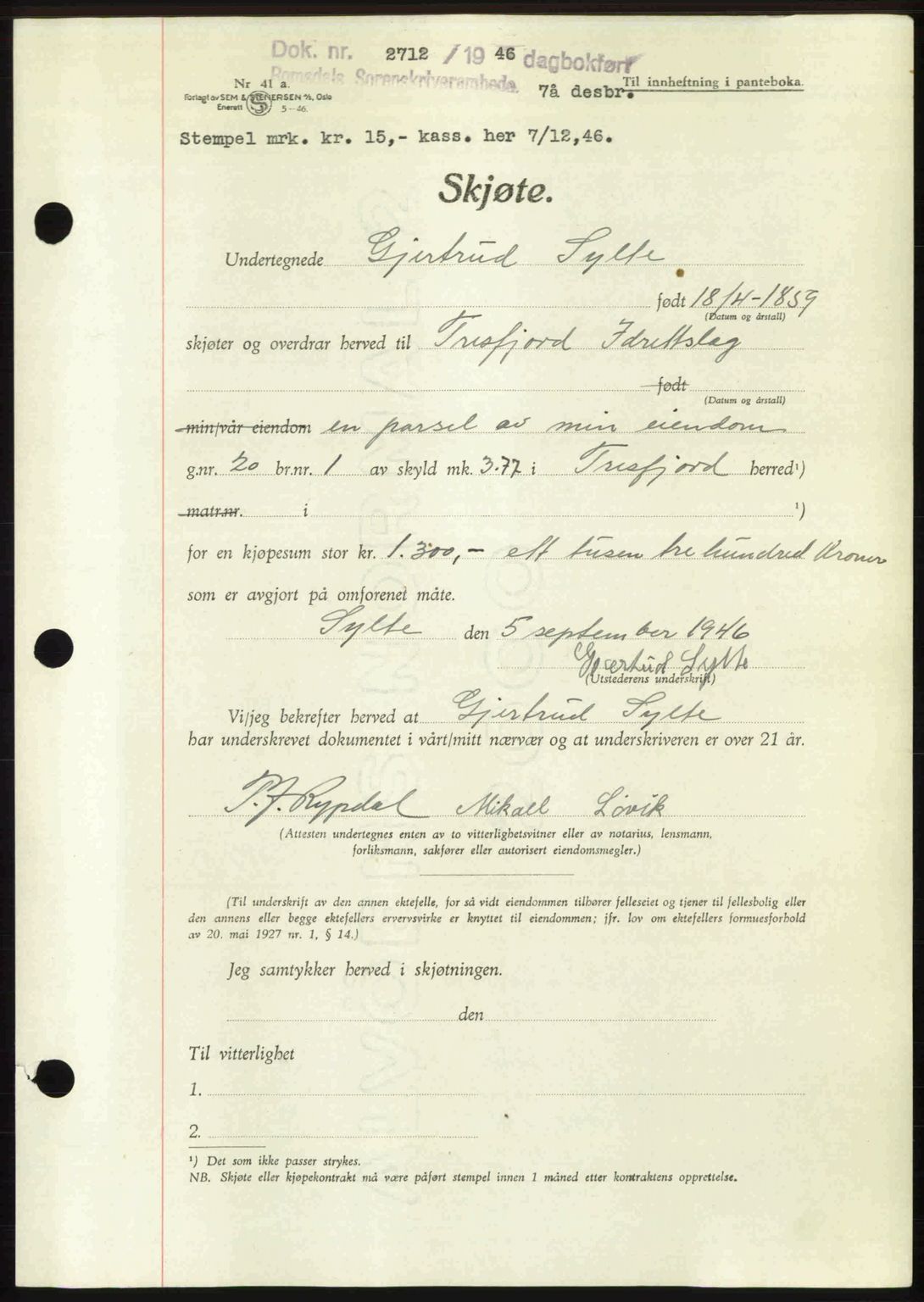 Romsdal sorenskriveri, AV/SAT-A-4149/1/2/2C: Pantebok nr. A21, 1946-1946, Dagboknr: 2712/1946