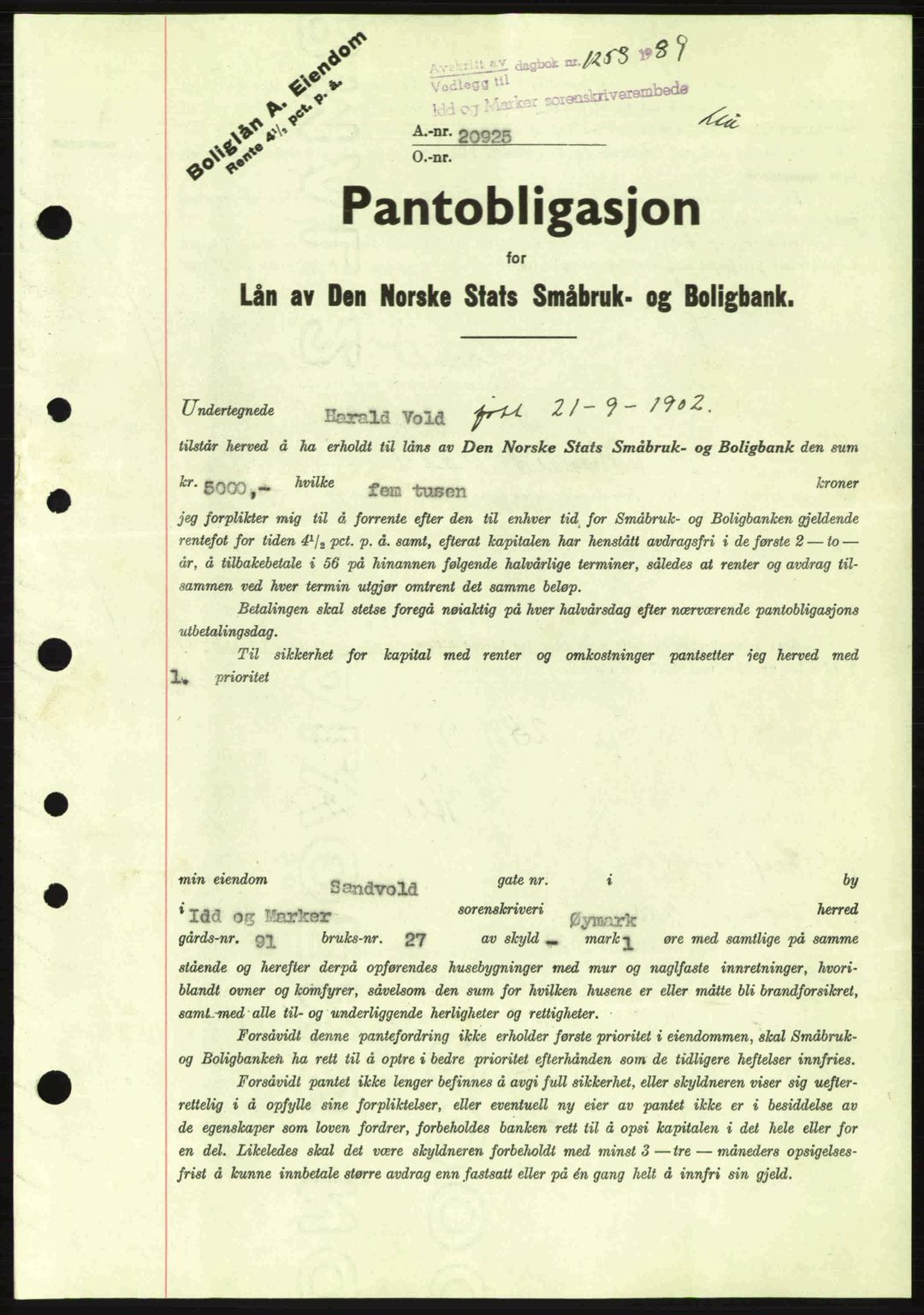 Idd og Marker sorenskriveri, AV/SAO-A-10283/G/Gb/Gbc/L0002: Pantebok nr. B4-9a, 1939-1945, Dagboknr: 1253/1939