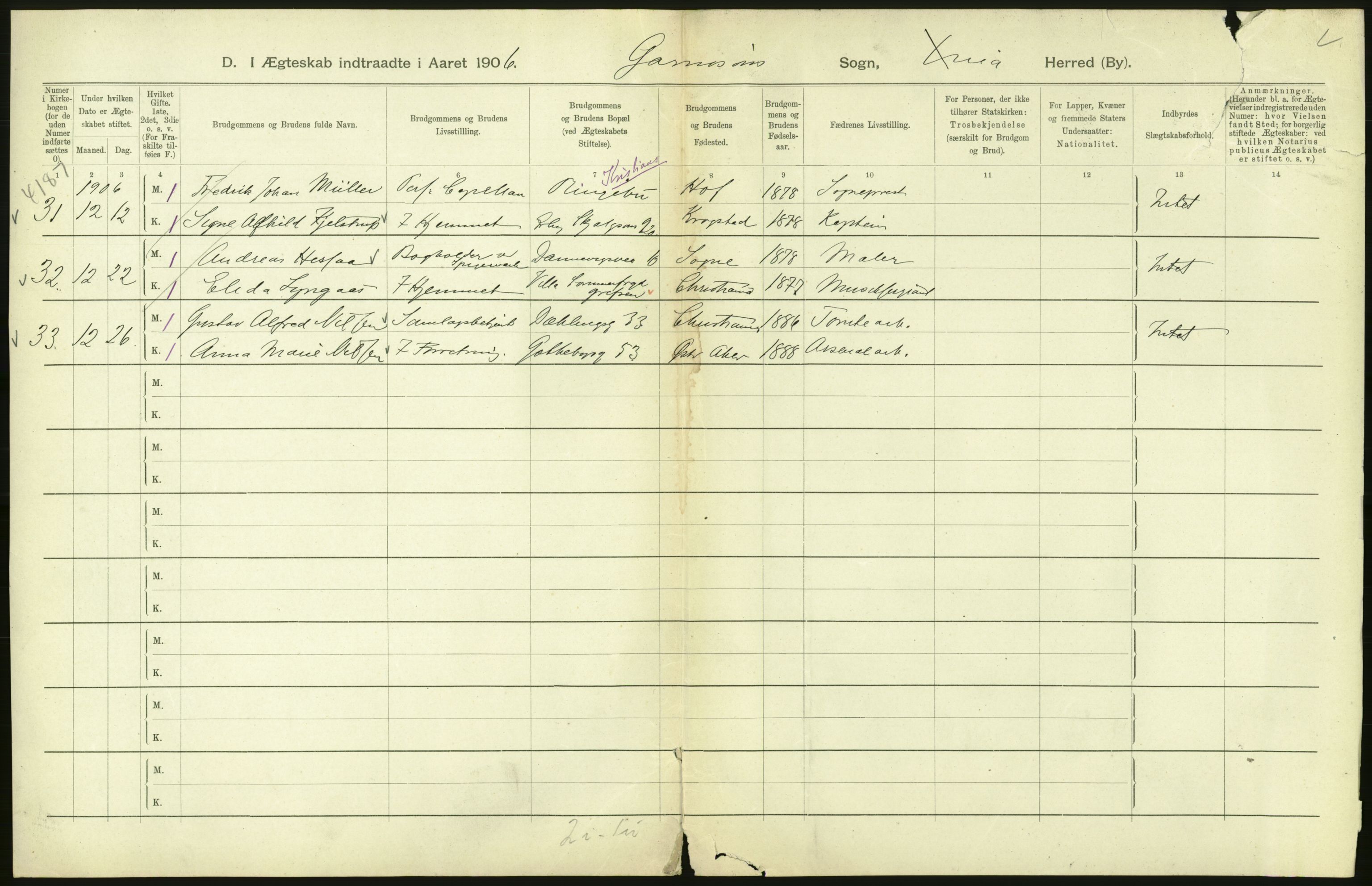 Statistisk sentralbyrå, Sosiodemografiske emner, Befolkning, AV/RA-S-2228/D/Df/Dfa/Dfad/L0008: Kristiania: Gifte, 1906, s. 454