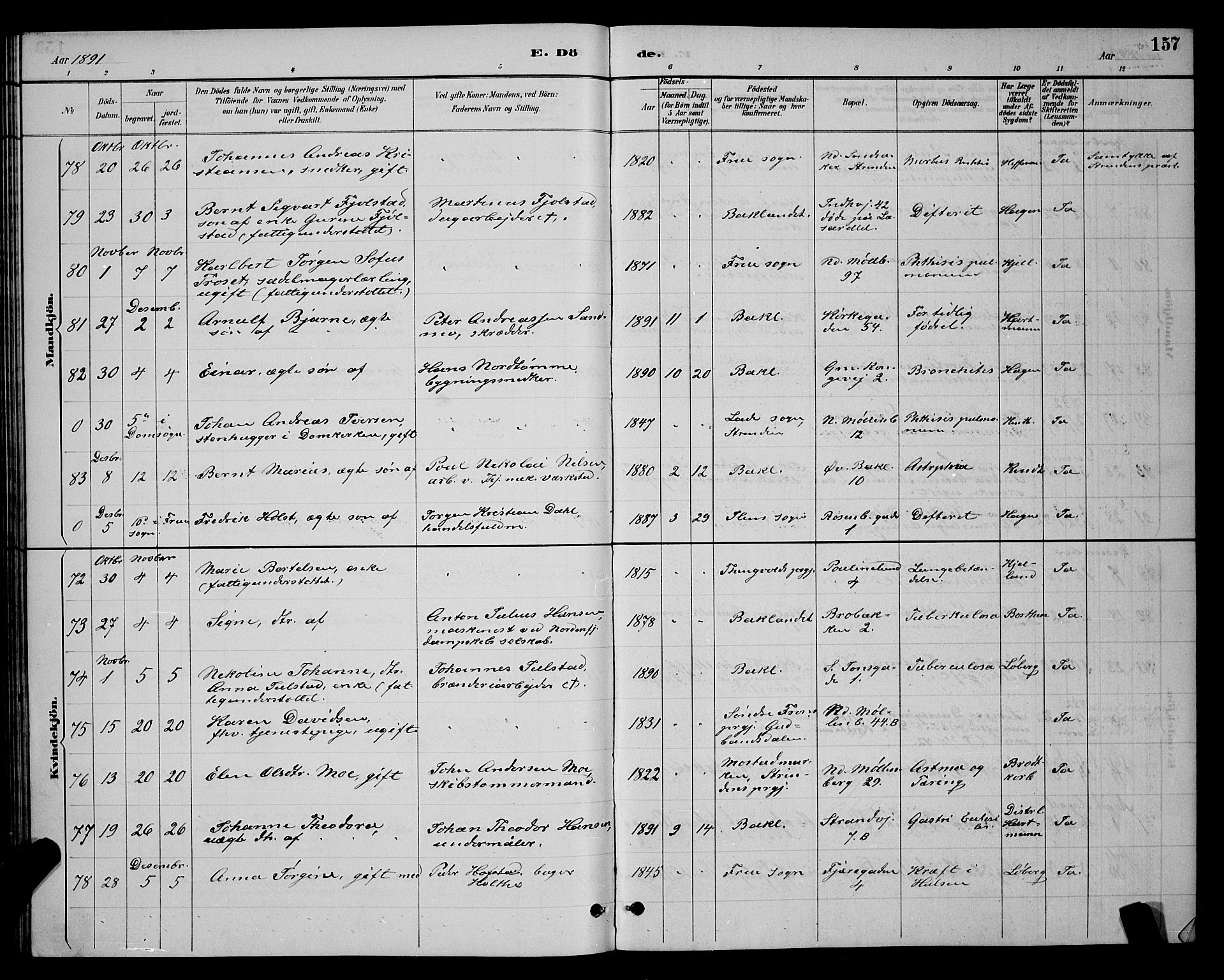 Ministerialprotokoller, klokkerbøker og fødselsregistre - Sør-Trøndelag, AV/SAT-A-1456/604/L0223: Klokkerbok nr. 604C06, 1886-1897, s. 157