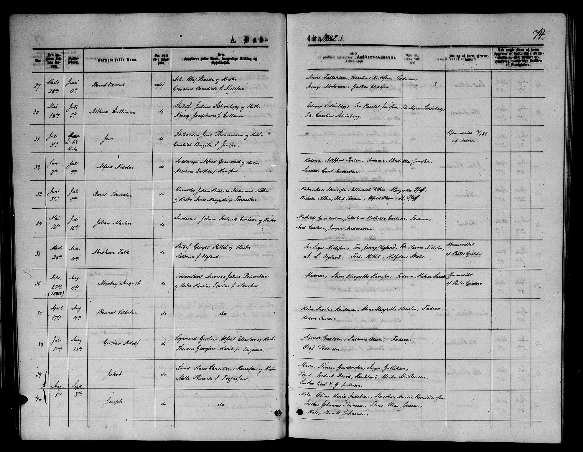 Arendal sokneprestkontor, Trefoldighet, AV/SAK-1111-0040/F/Fb/L0005: Klokkerbok nr. B 5, 1874-1888, s. 74