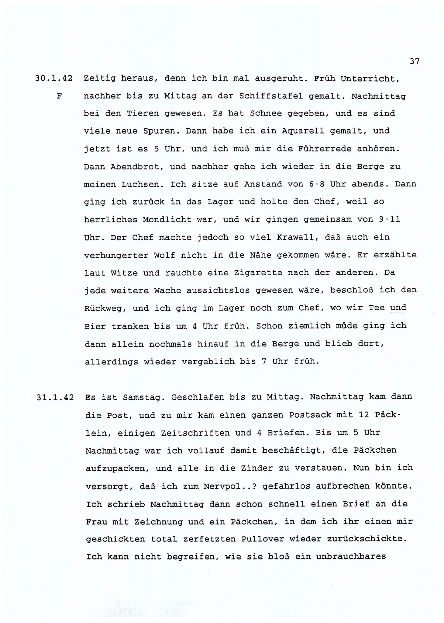 Dagbokopptegnelser av en tysk marineoffiser stasjonert i Norge , FMFB/A-1160/F/L0001: Dagbokopptegnelser av en tysk marineoffiser stasjonert i Norge, 1941-1944, s. 37