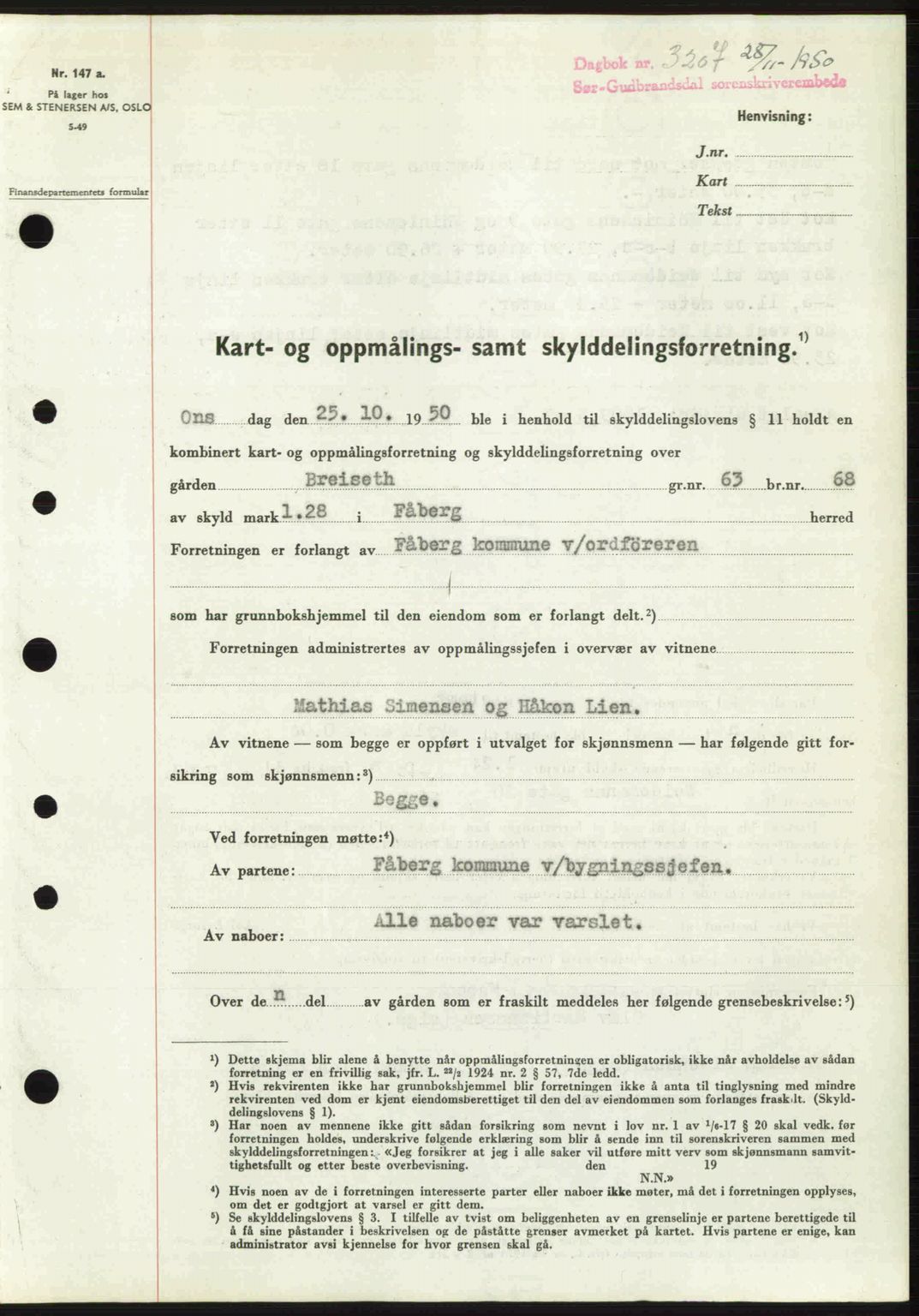 Sør-Gudbrandsdal tingrett, SAH/TING-004/H/Hb/Hbd/L0029: Pantebok nr. A29, 1950-1950, Dagboknr: 3207/1950