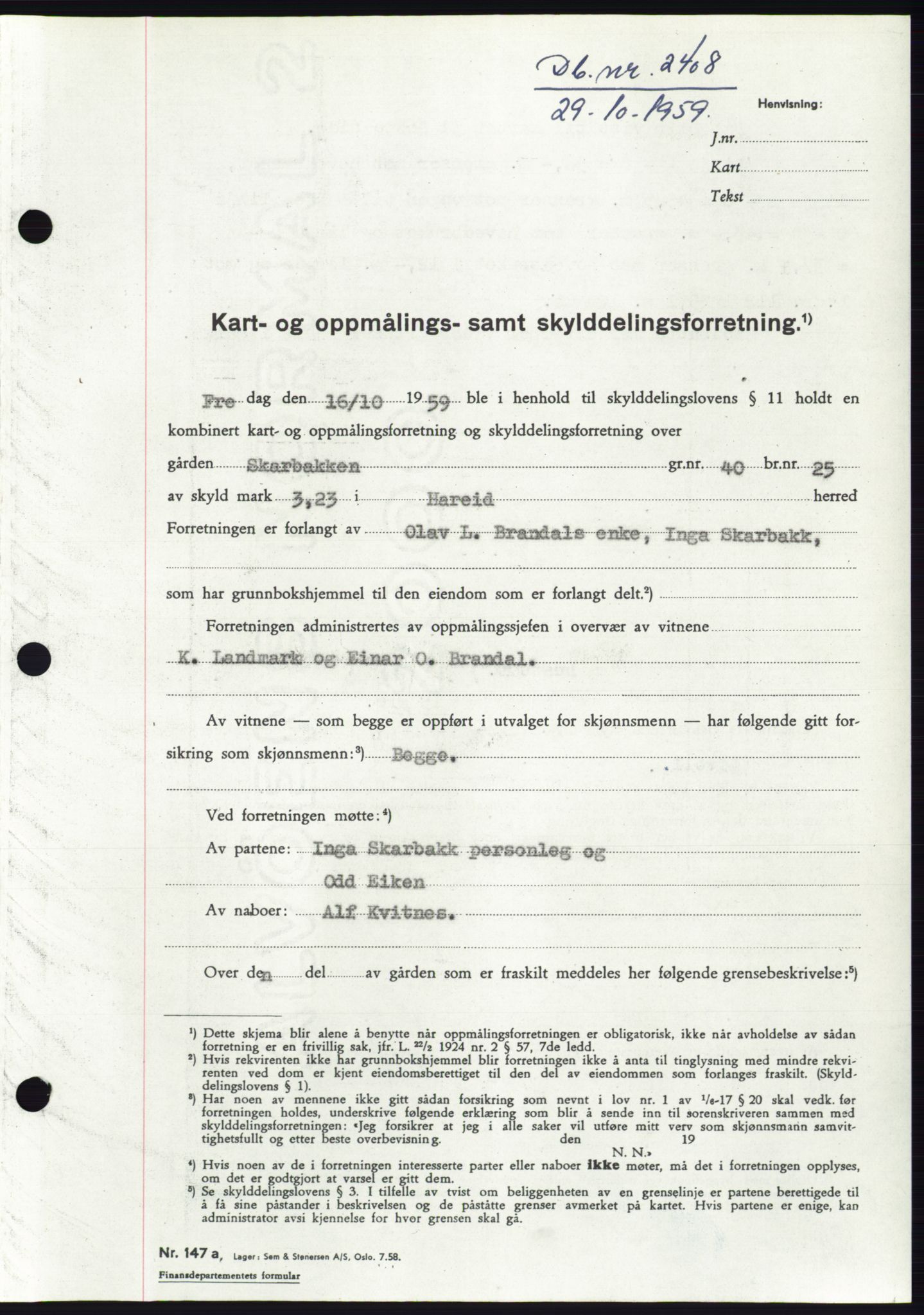 Søre Sunnmøre sorenskriveri, SAT/A-4122/1/2/2C/L0113: Pantebok nr. 39A, 1959-1959, Dagboknr: 2408/1959