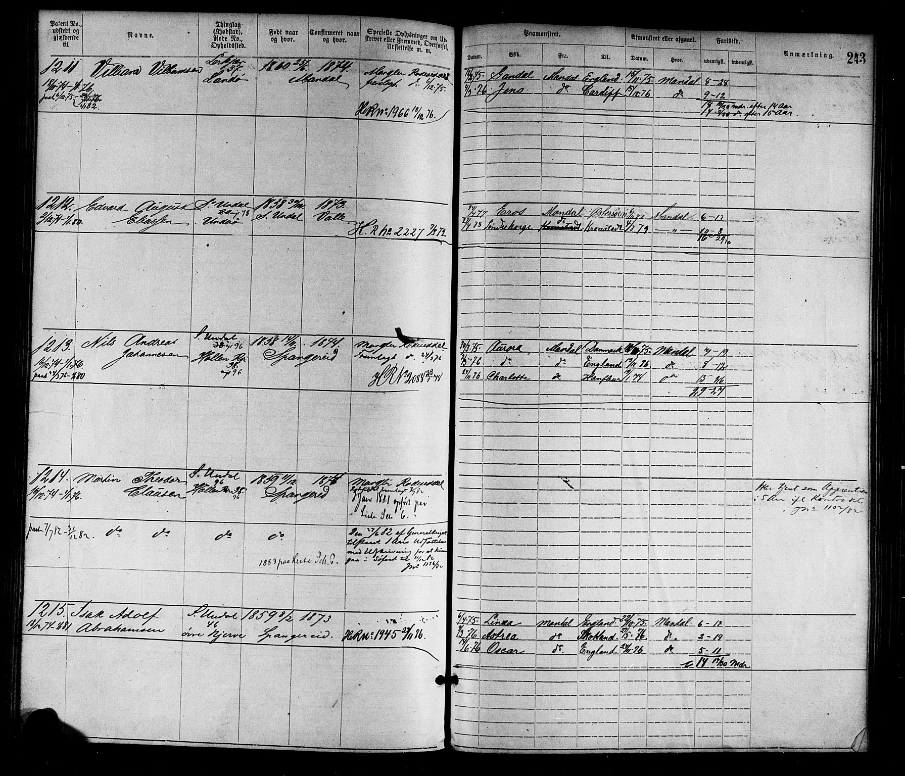 Mandal mønstringskrets, SAK/2031-0016/F/Fa/L0001: Annotasjonsrulle nr 1-1920 med register, L-3, 1869-1881, s. 278