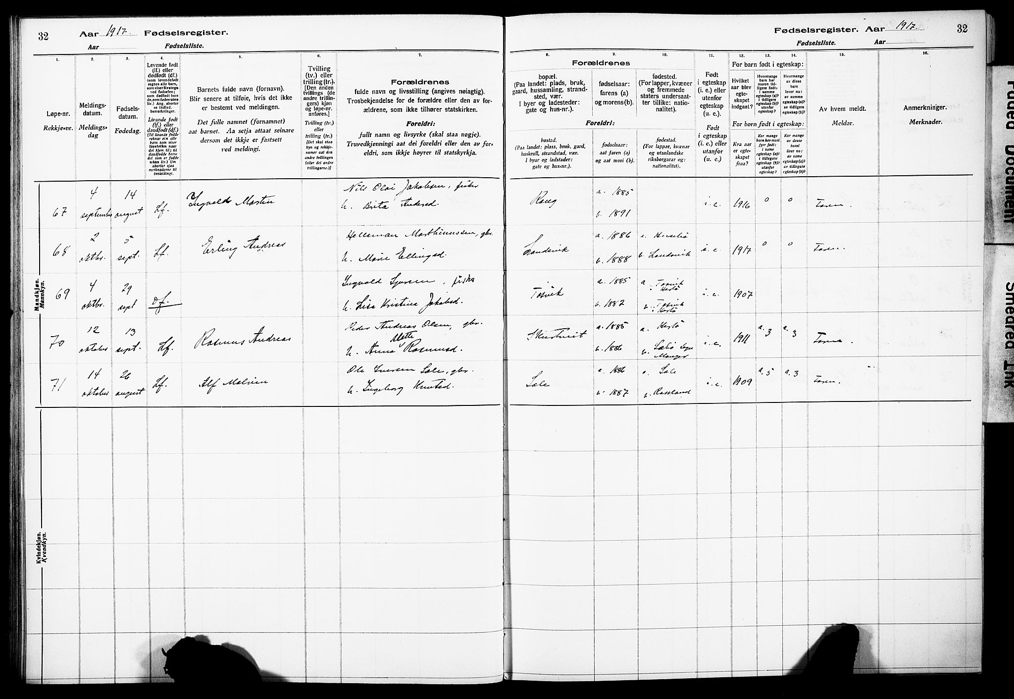 Herdla Sokneprestembete, AV/SAB-A-75701/I/Id/L00A1: Fødselsregister nr. A 1, 1916-1929, s. 32