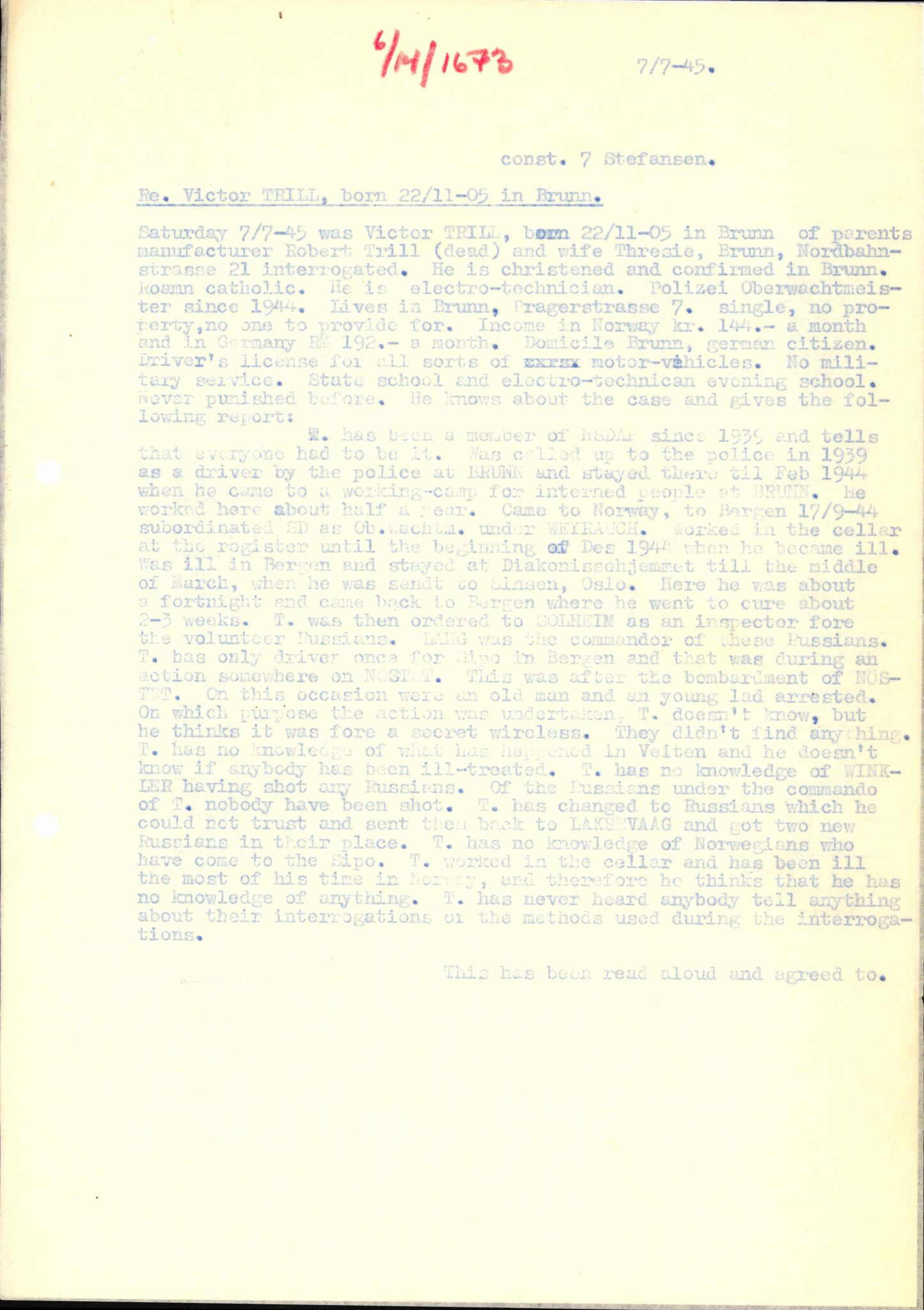 Forsvaret, Forsvarets overkommando II, AV/RA-RAFA-3915/D/Db/L0034: CI Questionaires. Tyske okkupasjonsstyrker i Norge. Tyskere., 1945-1946, s. 88