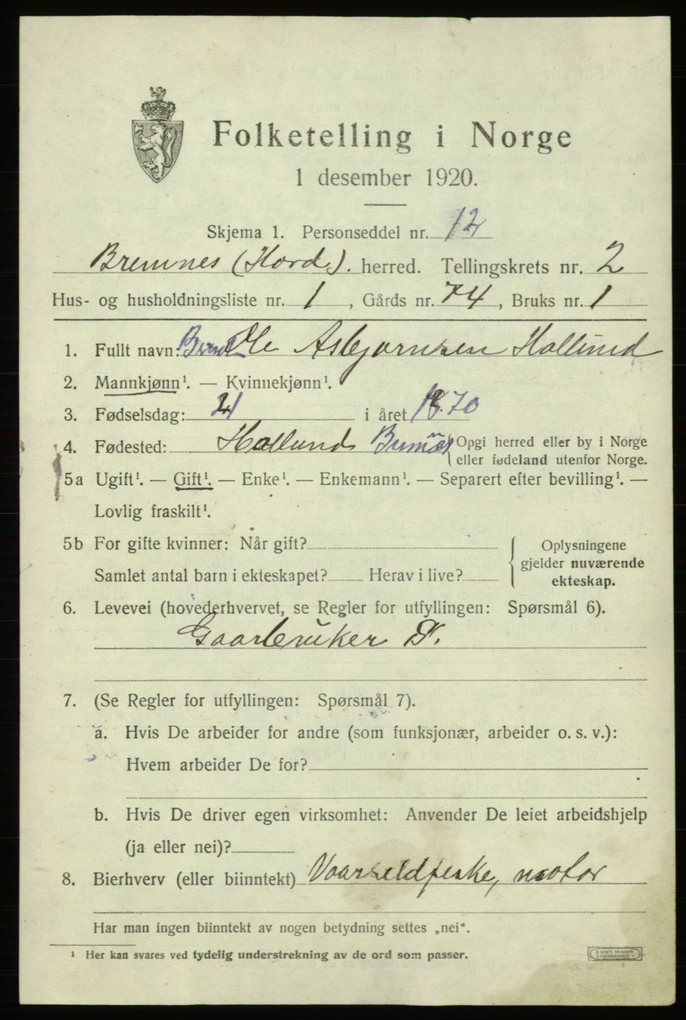 SAB, Folketelling 1920 for 1220 Bremnes herred, 1920, s. 1312