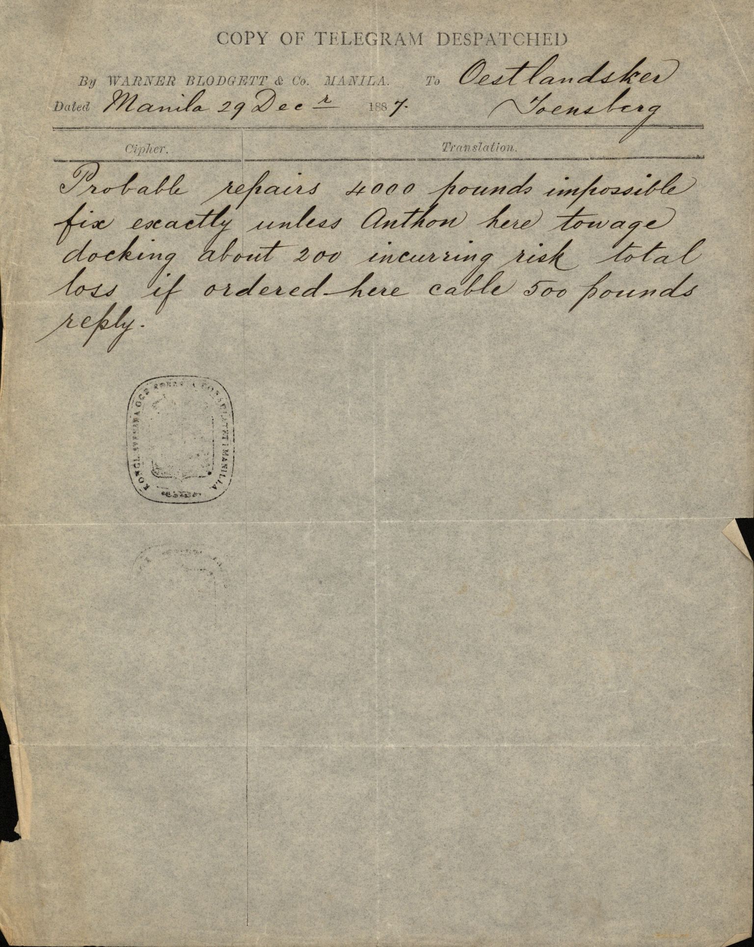 Pa 63 - Østlandske skibsassuranceforening, VEMU/A-1079/G/Ga/L0020/0003: Havaridokumenter / Anton, Diamant, Templar, Finn, Eliezer, Arctic, 1887, s. 6