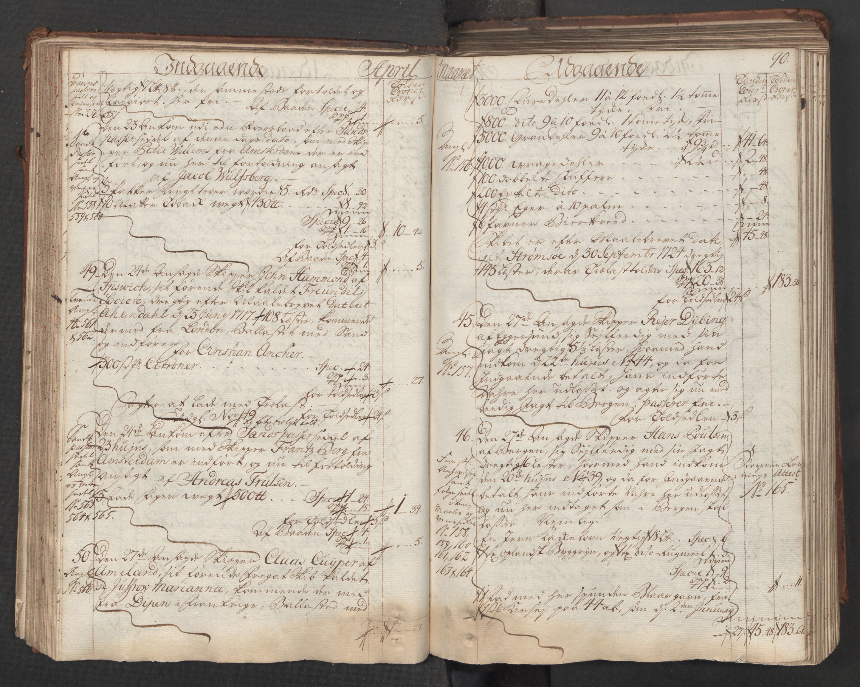 Generaltollkammeret, tollregnskaper, AV/RA-EA-5490/R06/L0015/0001: Tollregnskaper Kristiania / Hovedtollbok, 1733, s. 89b-90a