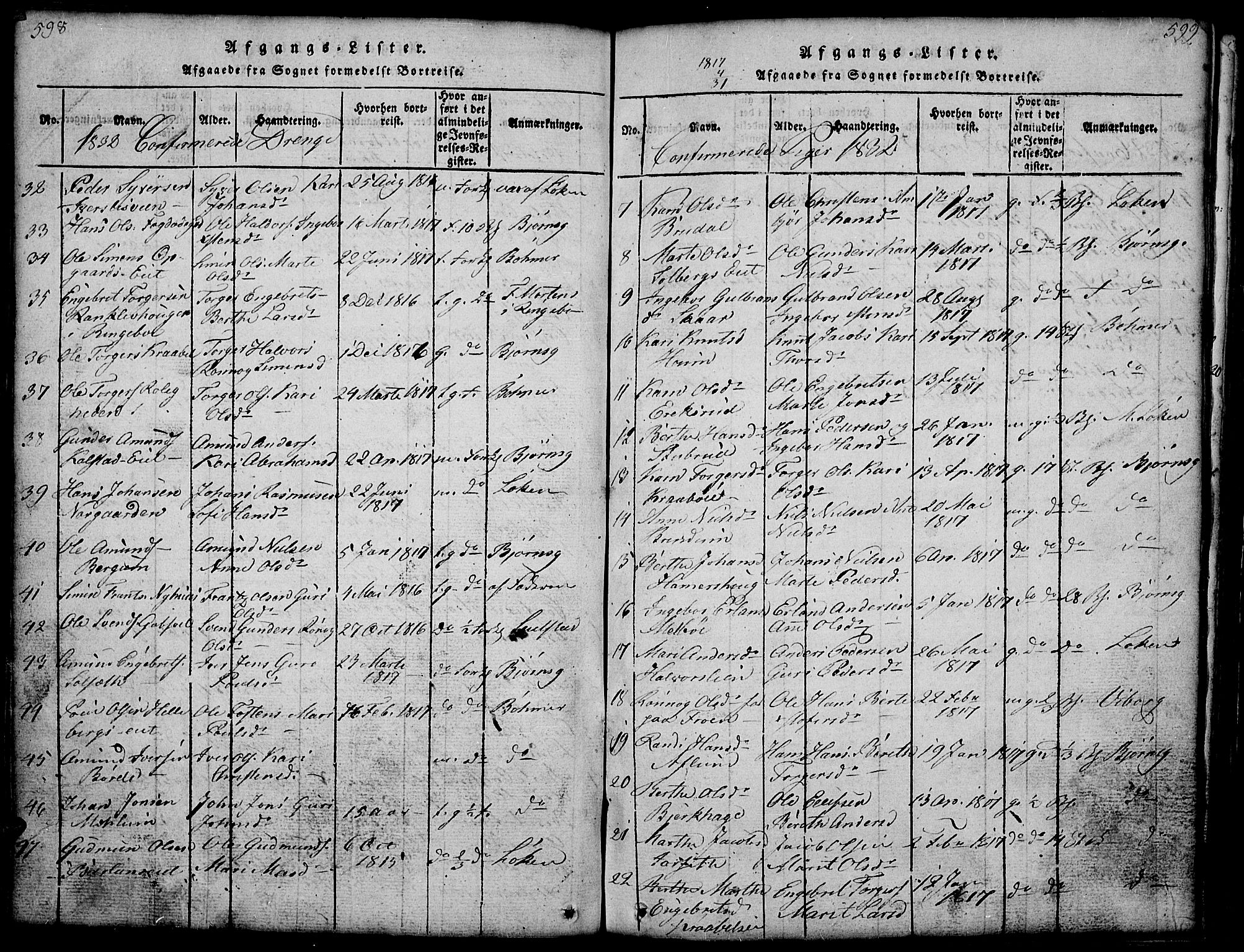 Gausdal prestekontor, AV/SAH-PREST-090/H/Ha/Hab/L0001: Klokkerbok nr. 1, 1817-1848, s. 598-599