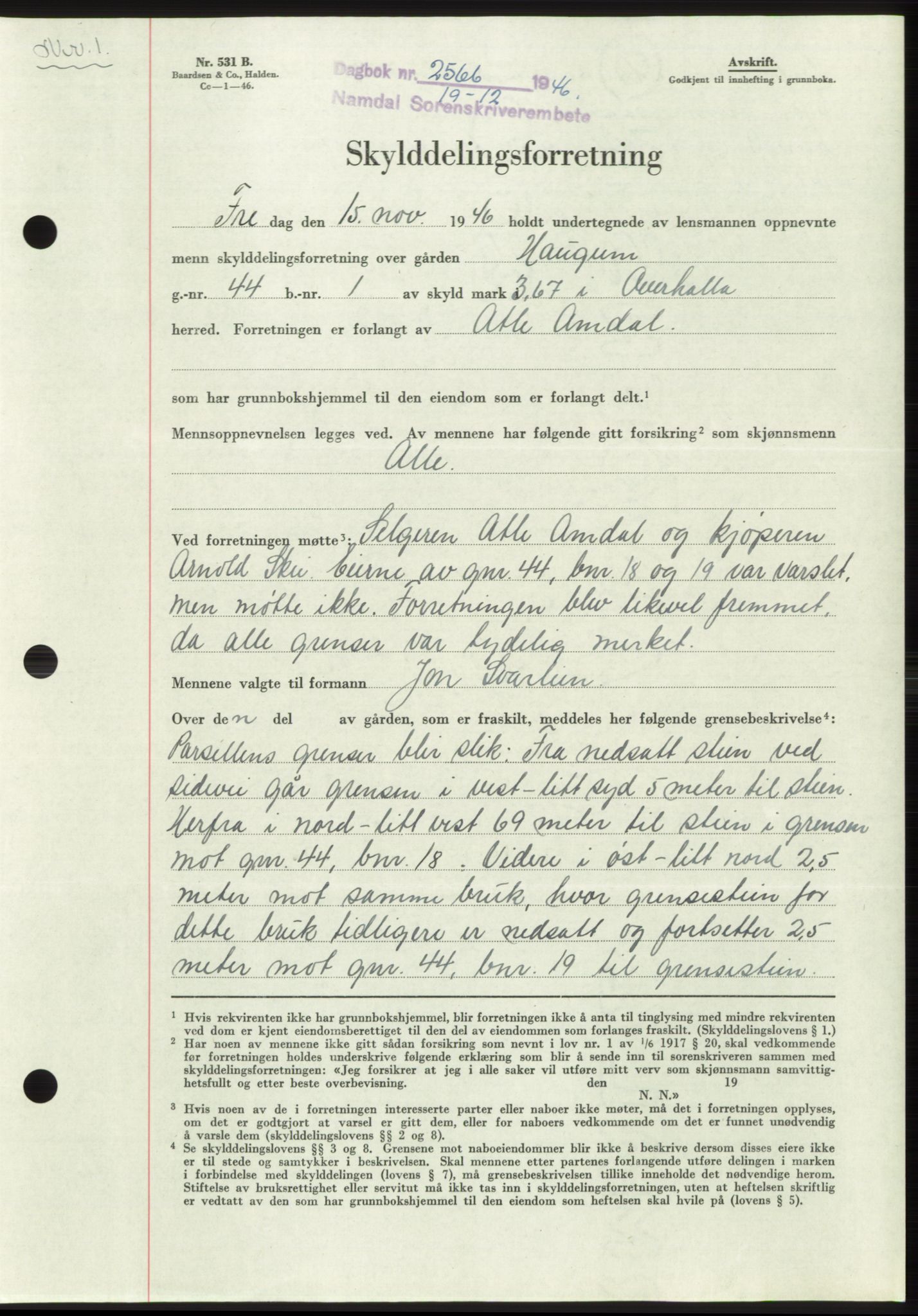 Namdal sorenskriveri, SAT/A-4133/1/2/2C: Pantebok nr. -, 1946-1947, Dagboknr: 2566/1946