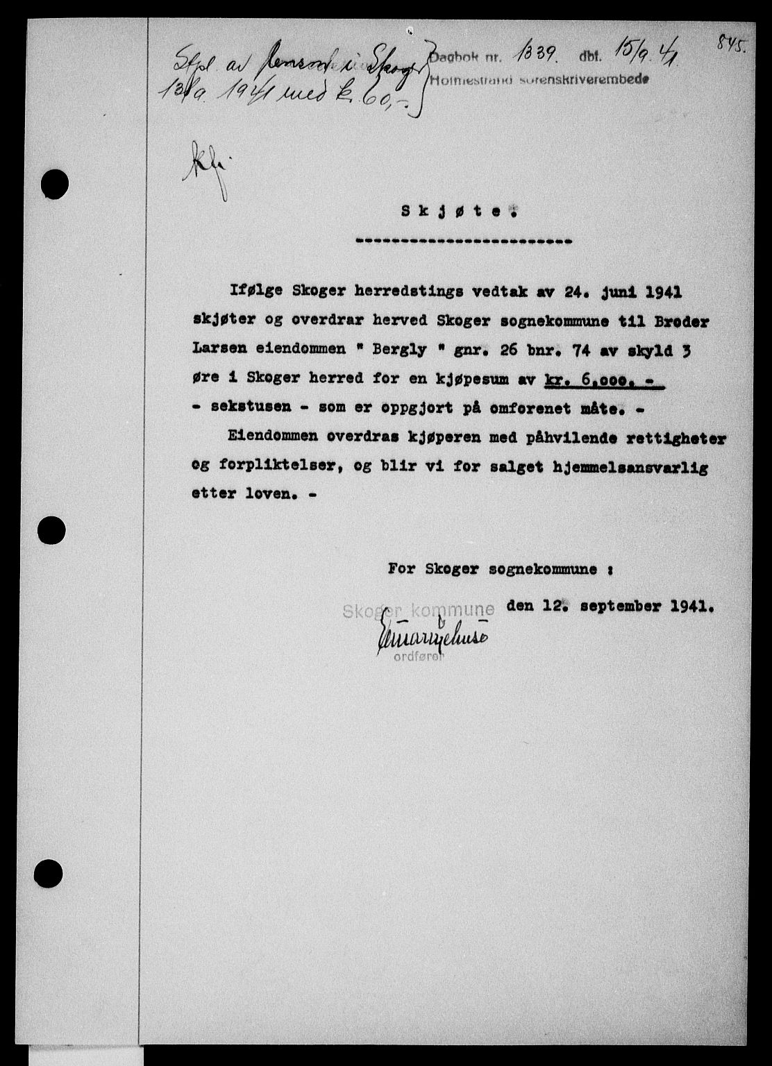 Holmestrand sorenskriveri, SAKO/A-67/G/Ga/Gaa/L0053: Pantebok nr. A-53, 1941-1941, Dagboknr: 1339/1941