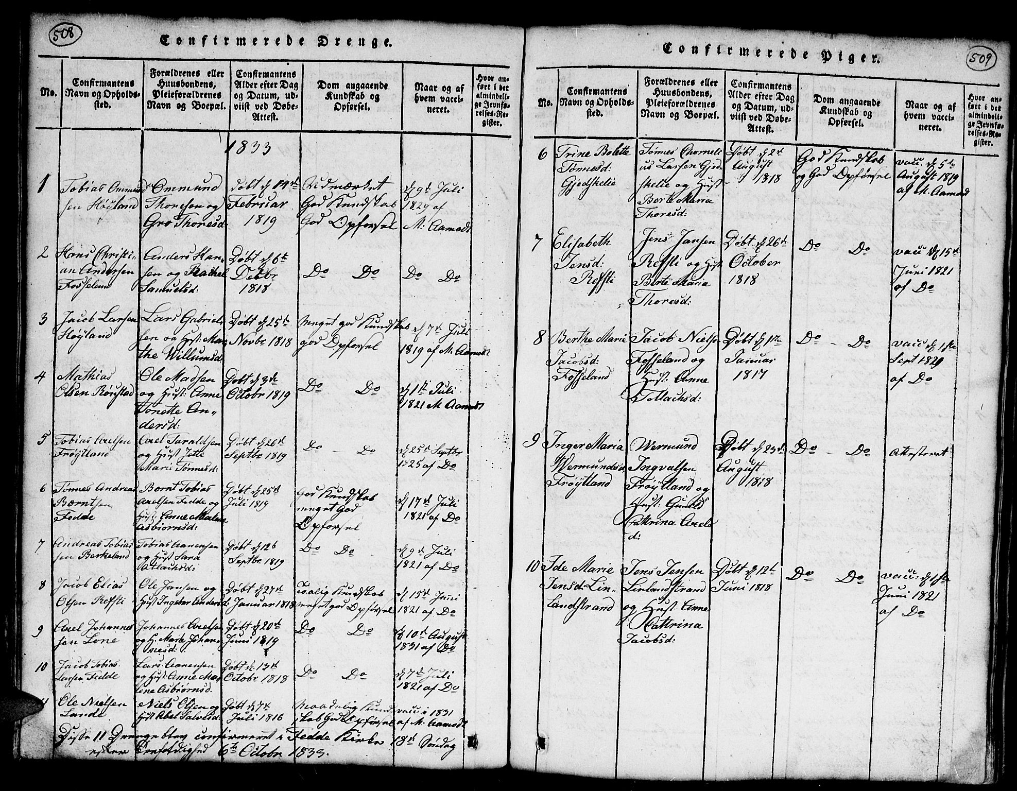 Kvinesdal sokneprestkontor, SAK/1111-0026/F/Fb/Fba/L0001: Klokkerbok nr. B 1, 1815-1839, s. 508-509