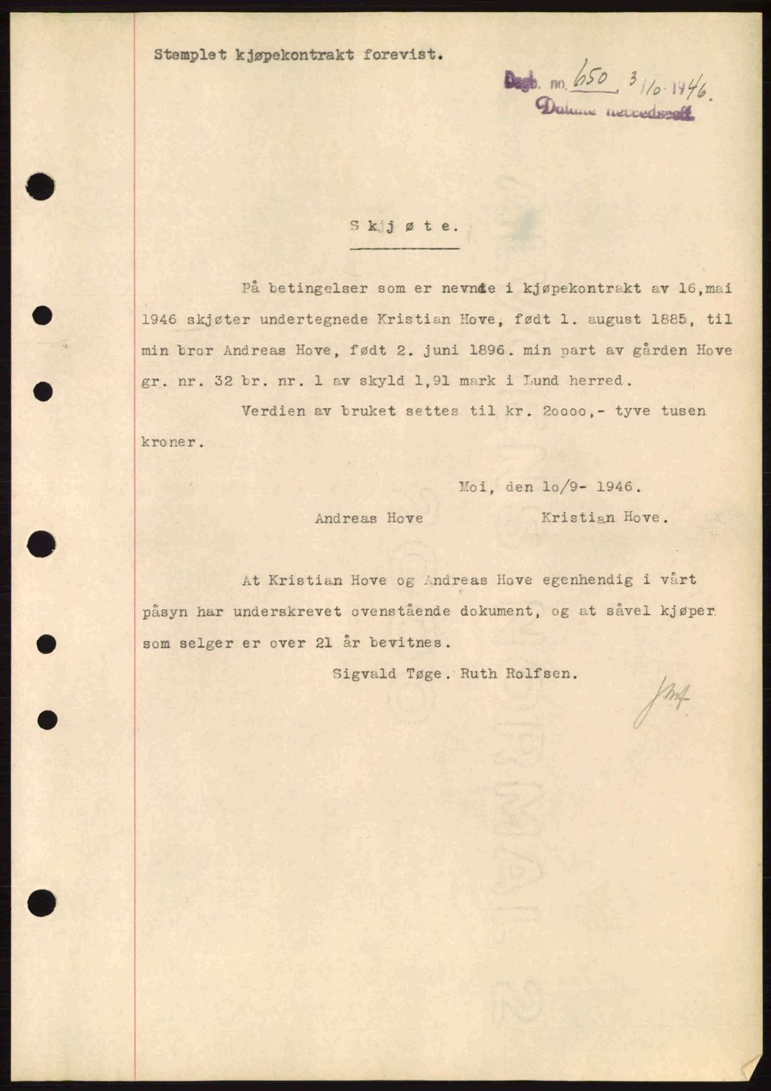 Dalane sorenskriveri, SAST/A-100309/02/G/Gb/L0049: Pantebok nr. A9, 1946-1947, Dagboknr: 650/1946