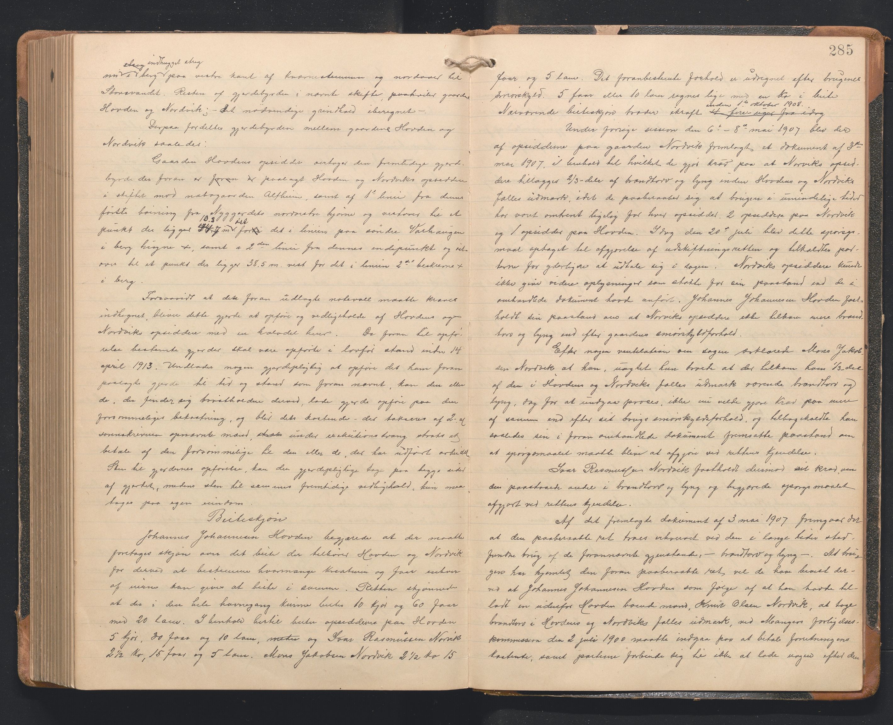 Hordaland jordskiftedøme - I Nordhordland jordskiftedistrikt, AV/SAB-A-6801/A/Aa/L0017: Forhandlingsprotokoll, 1904-1908, s. 284b-285a