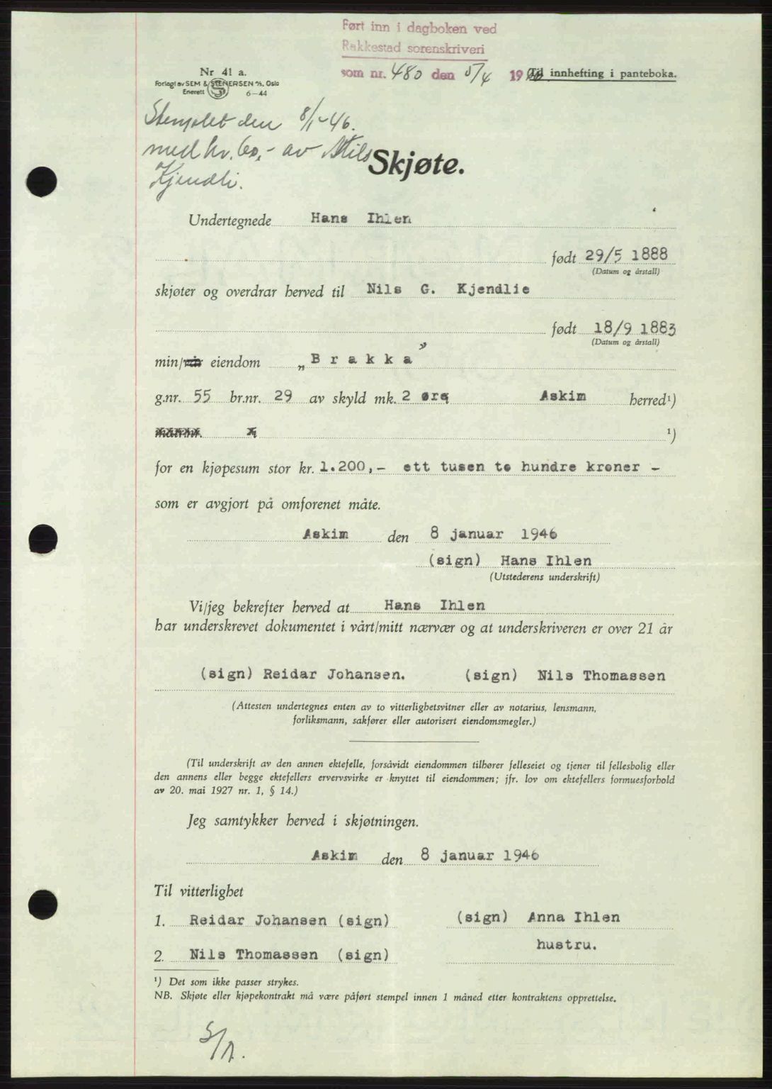Rakkestad sorenskriveri, AV/SAO-A-10686/G/Gb/Gba/Gbab/L0012a: Pantebok nr. A12 I, 1945-1946, Dagboknr: 480/1946