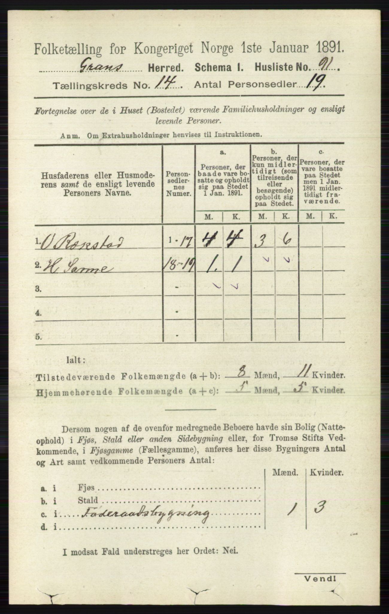 RA, Folketelling 1891 for 0534 Gran herred, 1891, s. 6969