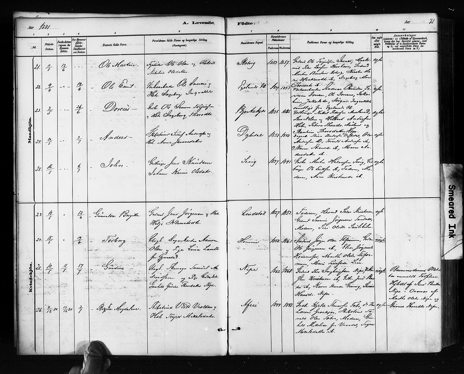 Søndeled sokneprestkontor, AV/SAK-1111-0038/F/Fa/L0004: Ministerialbok nr. A 4, 1880-1889, s. 21