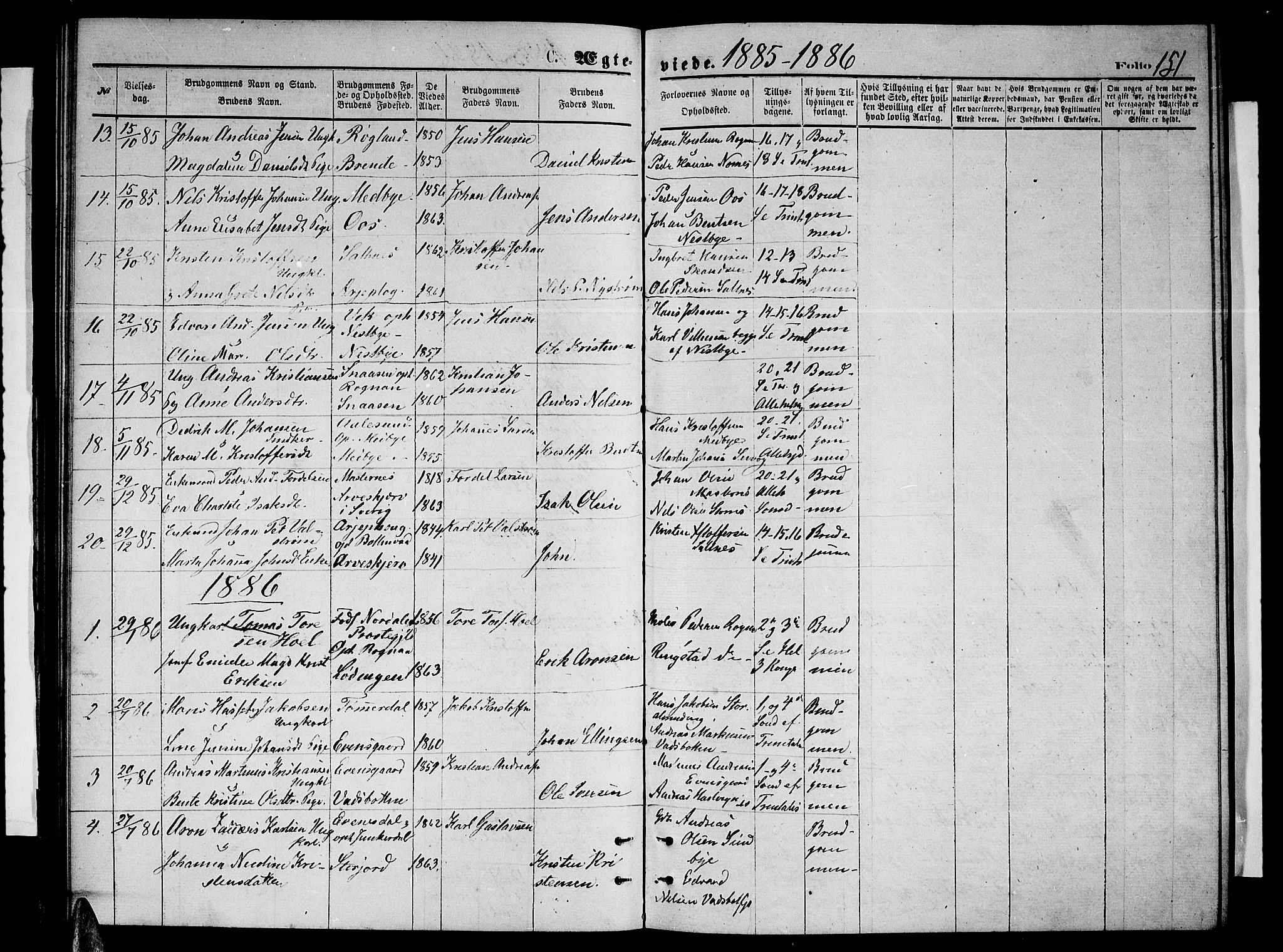 Ministerialprotokoller, klokkerbøker og fødselsregistre - Nordland, SAT/A-1459/847/L0679: Klokkerbok nr. 847C07, 1870-1888, s. 151